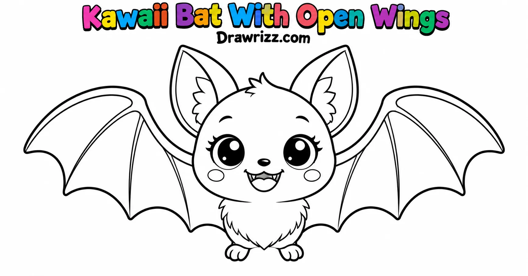 Halloween Doodle Ideas featuring a cute kawaii bat with open wings, big eyes, pointed ears, tiny fangs, and bold coloring outlines.