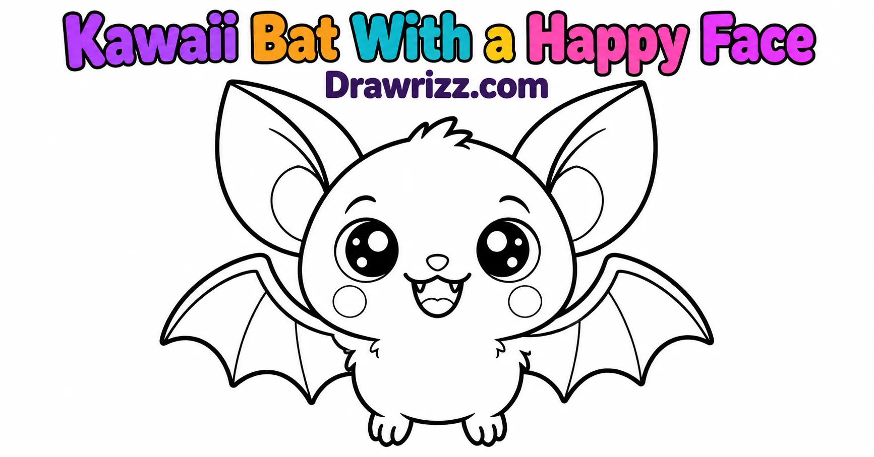 15 Bat Drawing Ideas for Cute and Easy Sketches Bat Drawing Ideas featuring a cute kawaii bat with big eyes, happy smile, round body, large ears, and open wings in black line art.