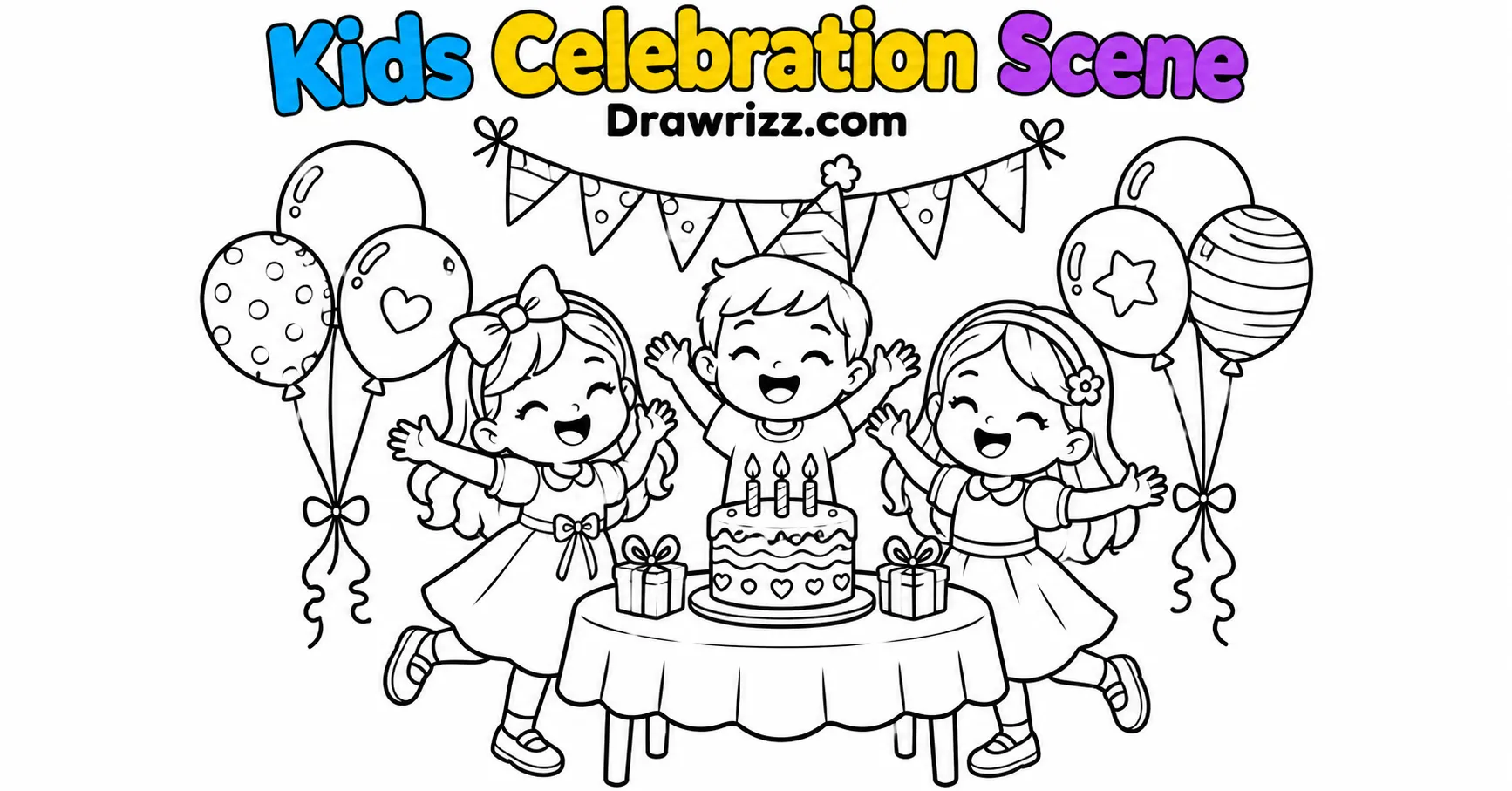 Party Drawing Ideas featuring happy kids celebrating with a birthday cake, balloons, gifts and festive bunting decorations.