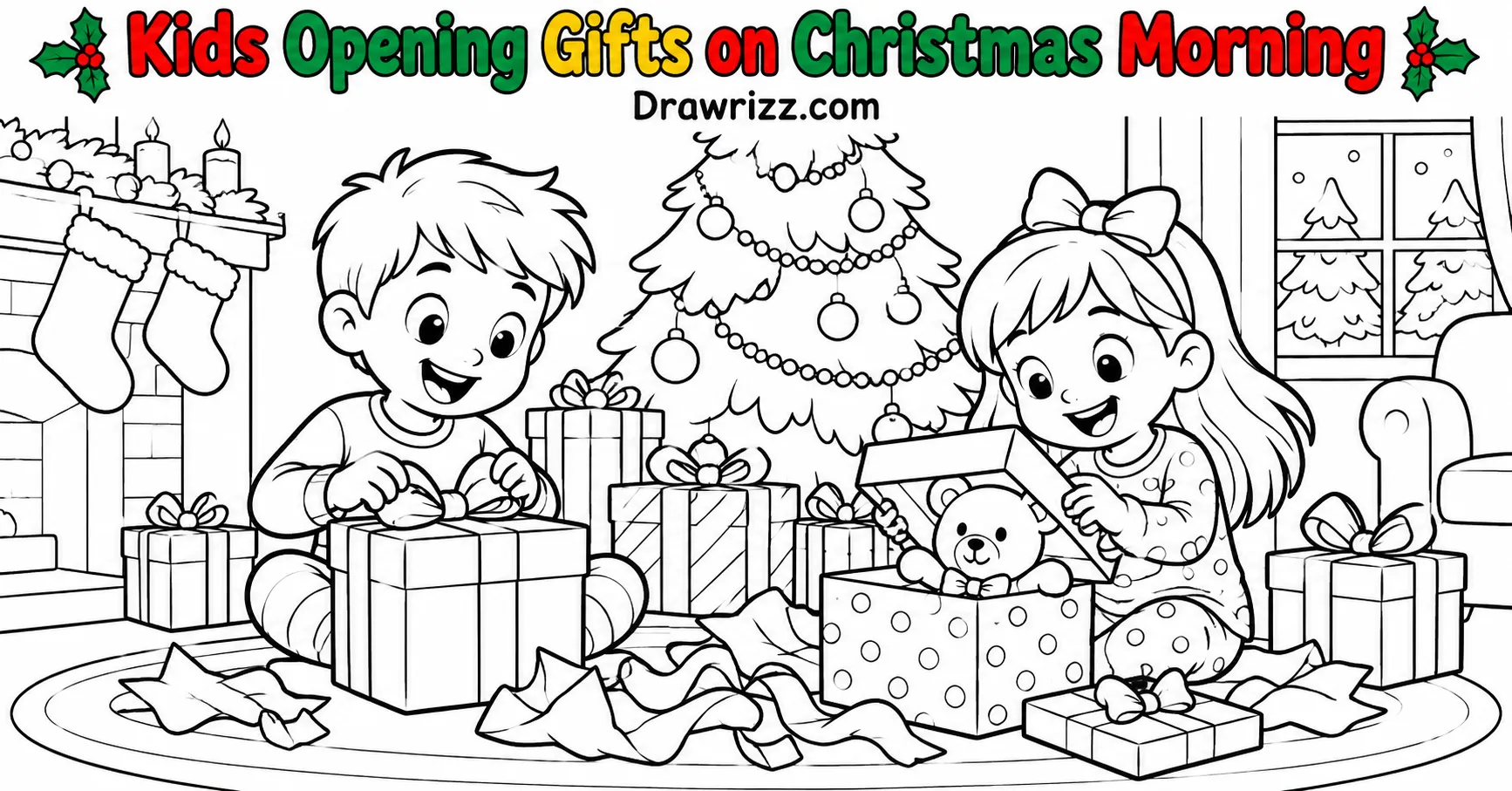 Christmas Celebration Drawing Ideas featuring happy kids opening gifts beside a decorated tree in festive black-and-white line art
