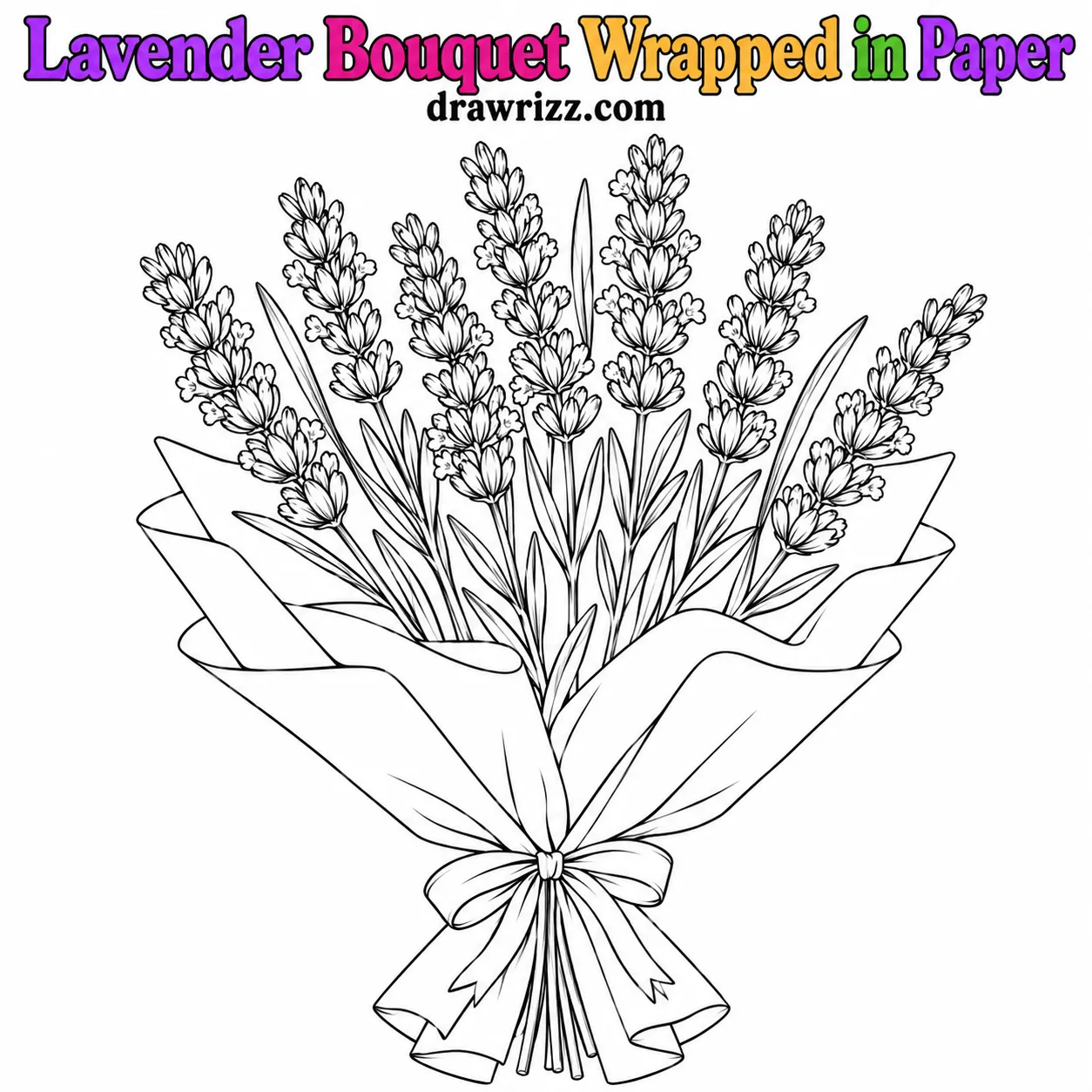 15 Lavender Drawing Ideas for Easy and Cute Flowers Lavender Drawing Ideas featuring nine lavender stems in folded paper wrapping, tied with a bow, in clean black coloring art