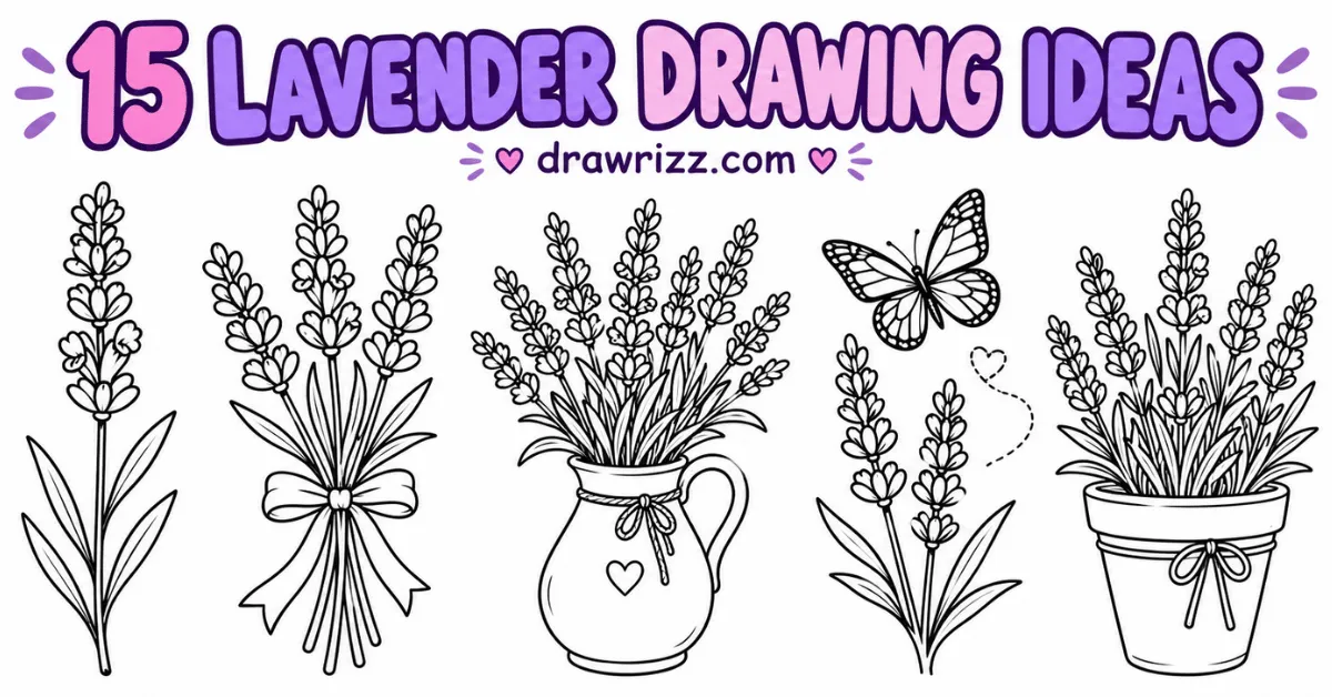 Lavender Drawing Ideas featuring five fun black and white sketches: single stem, tied bouquet, flower vase, butterfly and pot