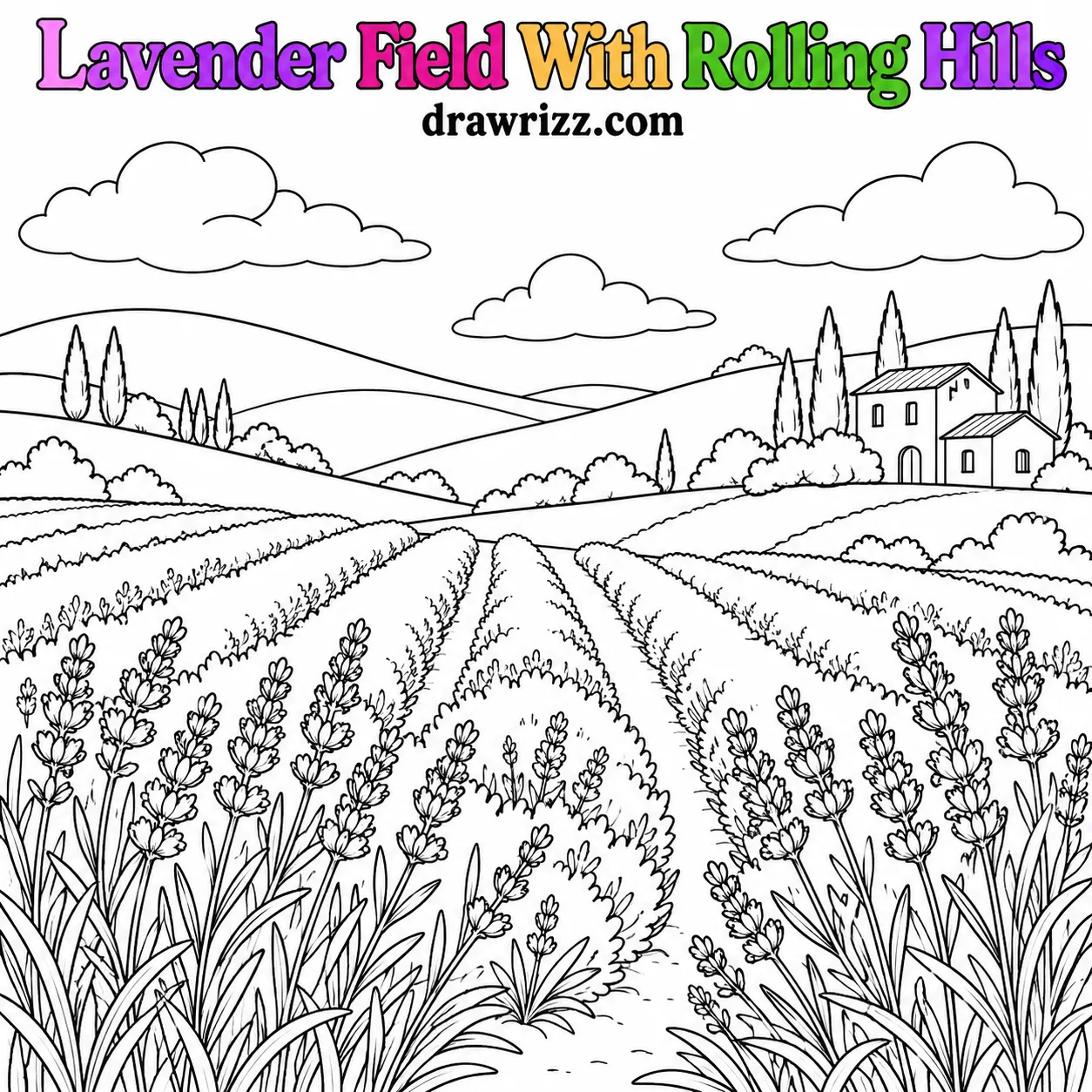 15 Lavender Drawing Ideas for Easy and Cute Flowers Lavender Drawing Ideas featuring a scenic lavender field, rolling hills, fluffy clouds, and flower rows in black line artwork.