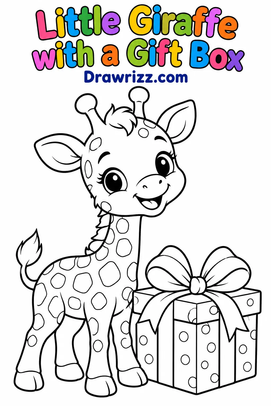 Cute baby giraffe beside a bow-topped gift box, a sweet black and white coloring page for baby shower drawing ideas and kids.