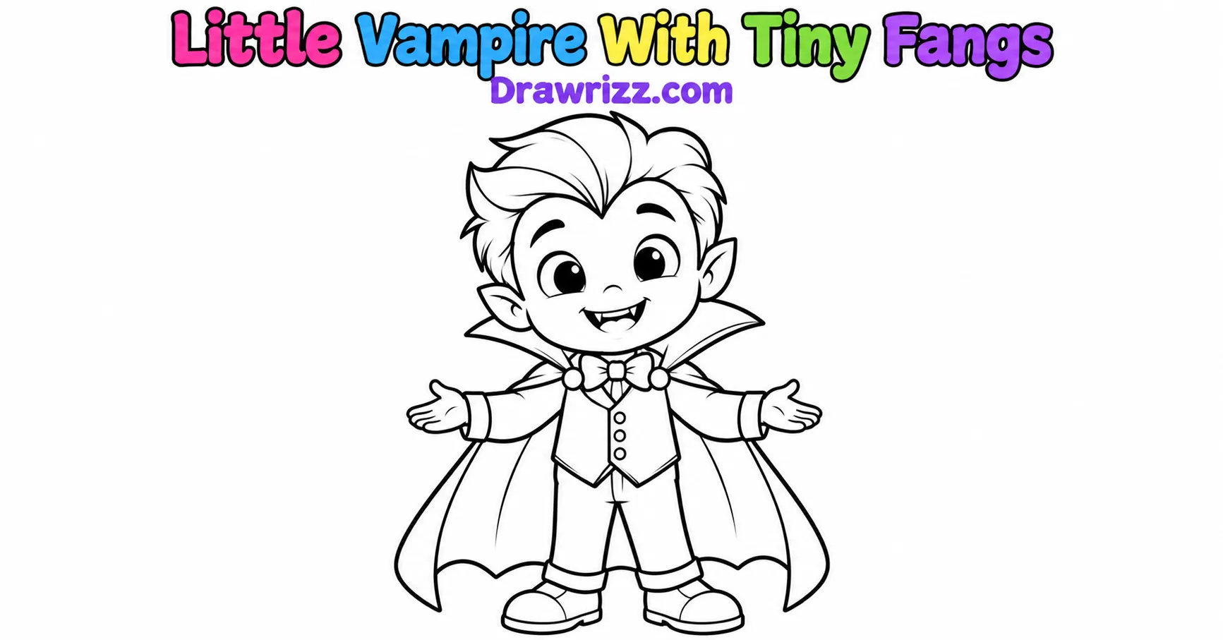 Halloween Doodle Ideas featuring a cute little vampire with tiny fangs, pointed ears, and a flowing cape in black-and-white line art.
