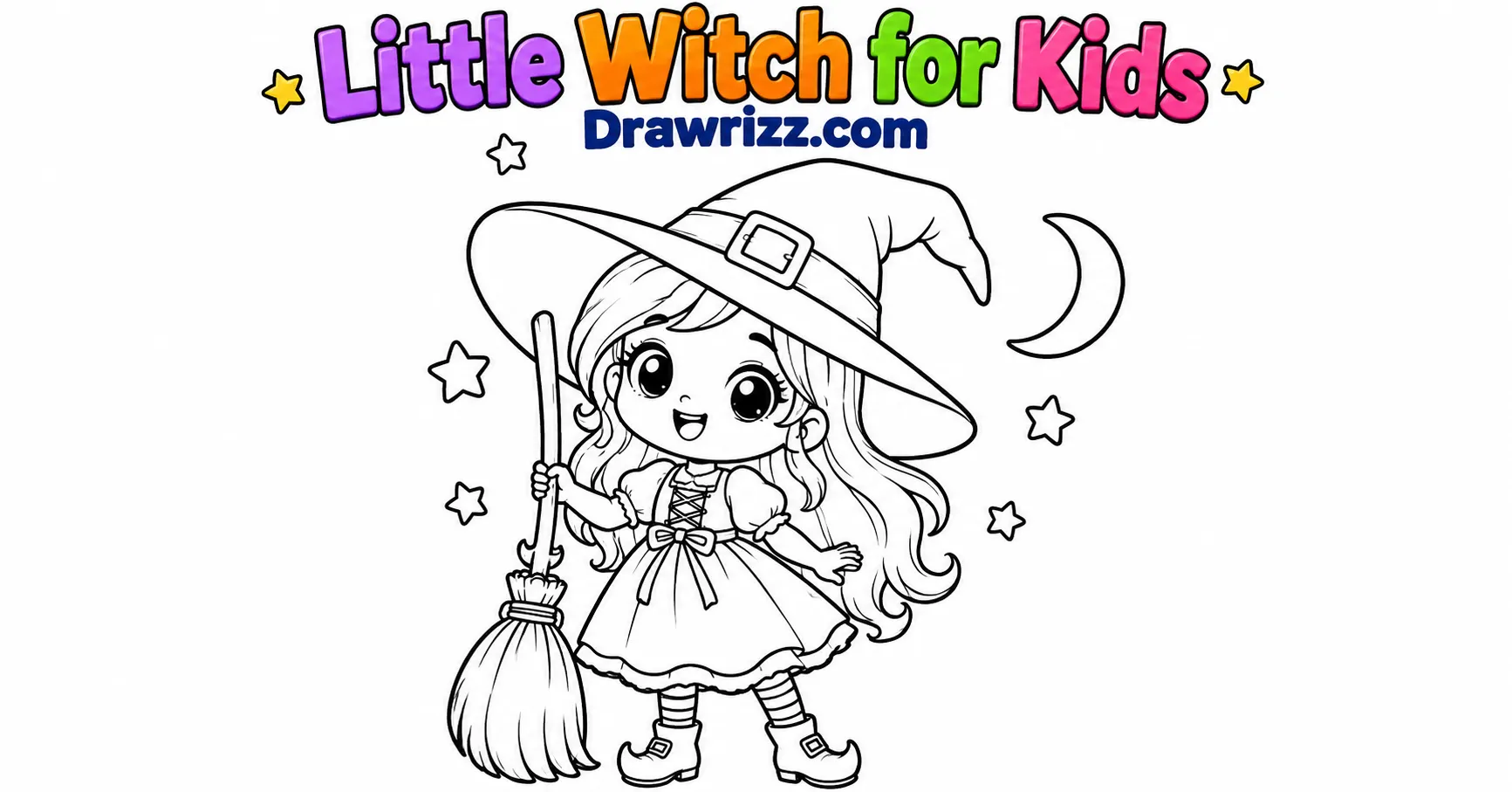 Witch drawing ideas for kids featuring a cute little witch with a pointed hat, simple dress, stars, moon, and broom to color.