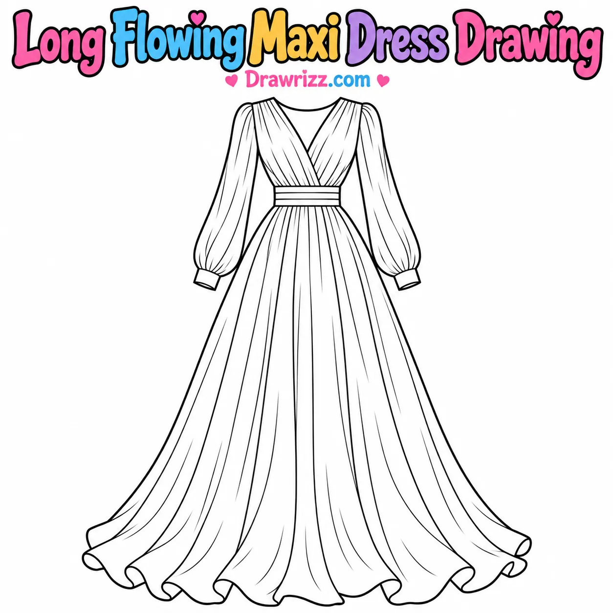 Dress Drawing Ideas featuring a long flowing maxi dress with V-neck, long sleeves, waistband and elegant folds for coloring.
