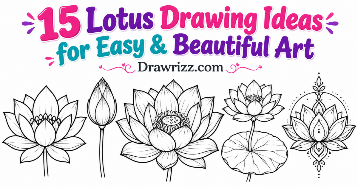 Lotus Drawing Ideas with five black and white lotus sketches, including a bud, open blooms, round leaf, and decorative mandala.