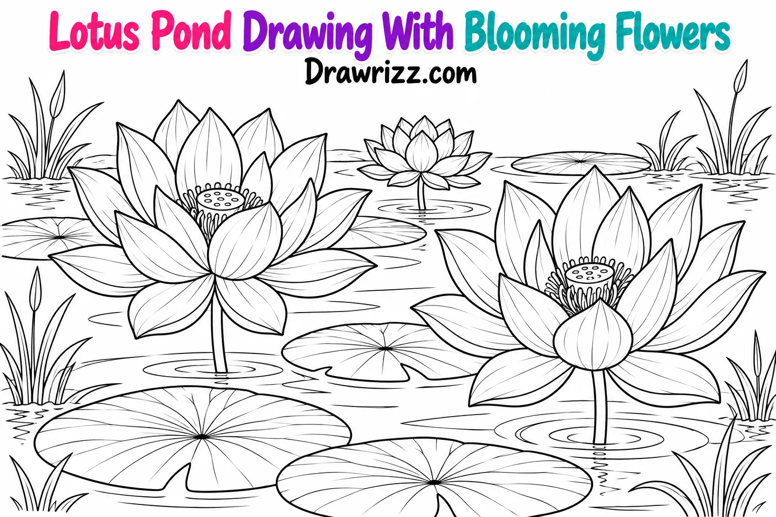 15 Easy Lotus Drawing Ideas for Beginners and Kids Lotus Drawing Ideas featuring a peaceful pond with three blooming lotus flowers, floating leaves, gentle ripples, and reeds.