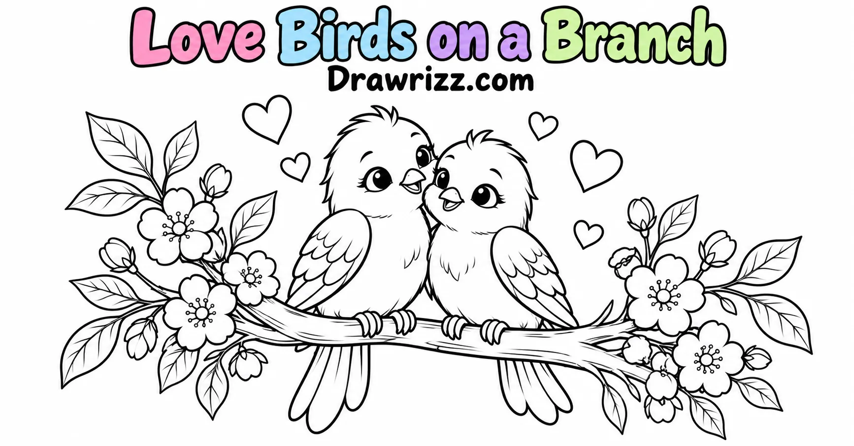 15 Wedding Drawing Ideas for Easy and Romantic Sketches Wedding drawing ideas featuring two cute love birds sitting together on a flowering branch with leaves and hearts in clean line art.