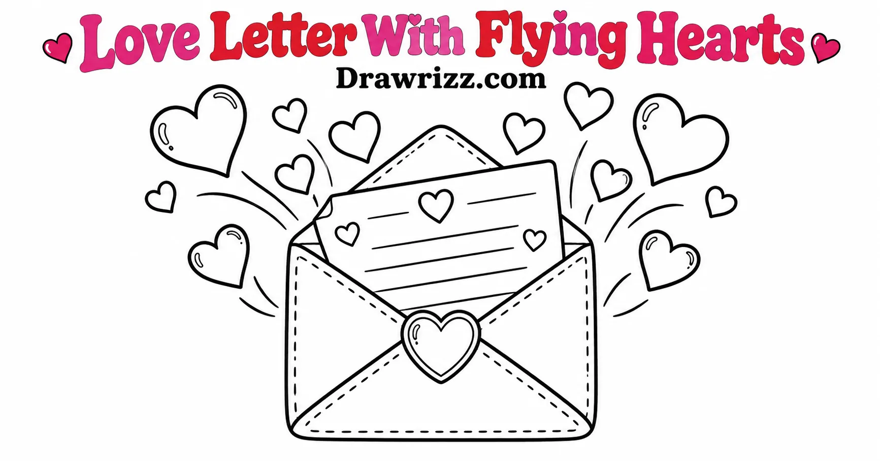 Valentine’s Day Drawing Ideas featuring an open love letter envelope, heart seal, and floating hearts in bold black line art.