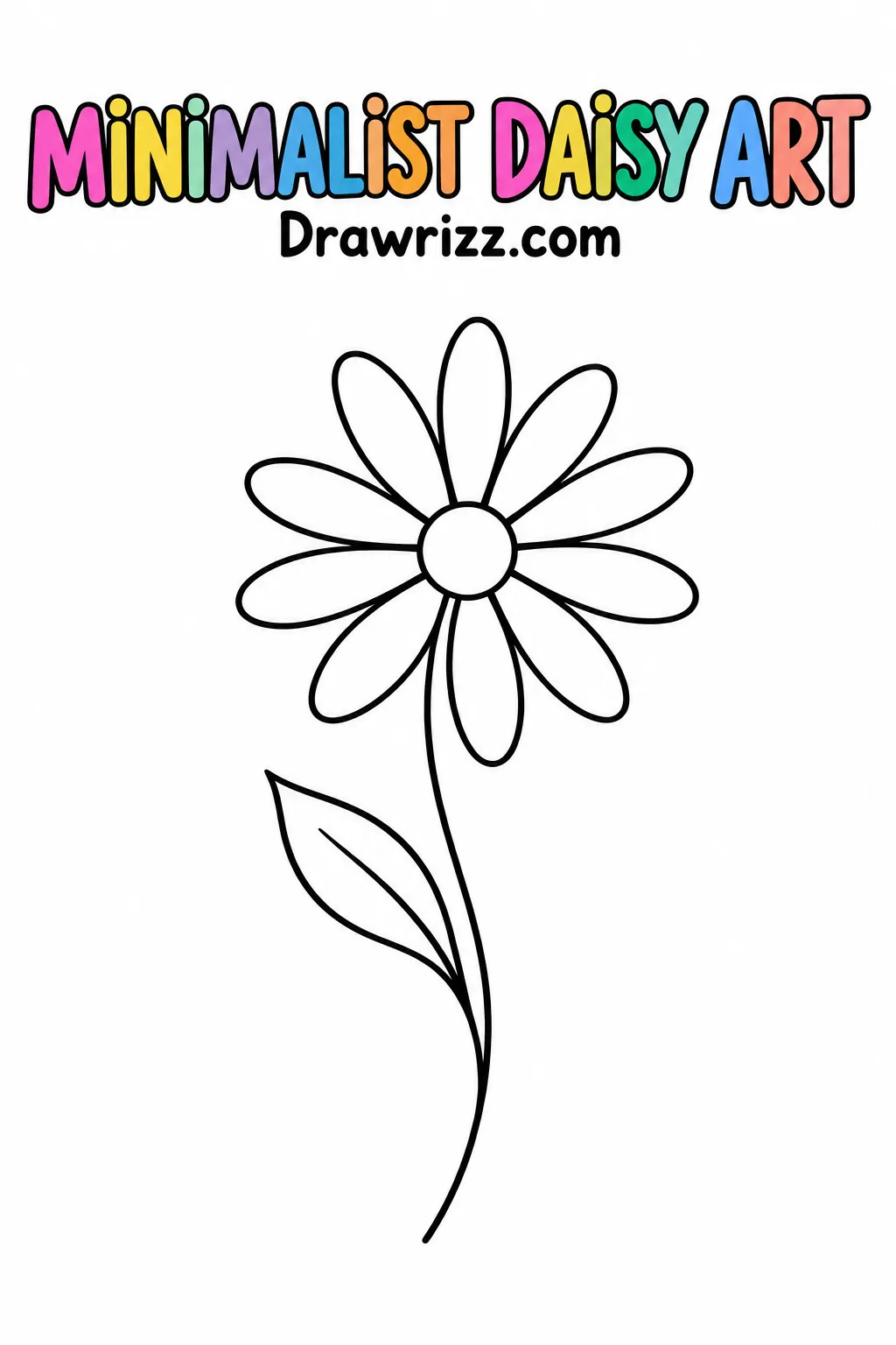 Daisy Drawing Ideas featuring minimalist daisy line art with ten slender petals, one curved stem and a single leaf for coloring.