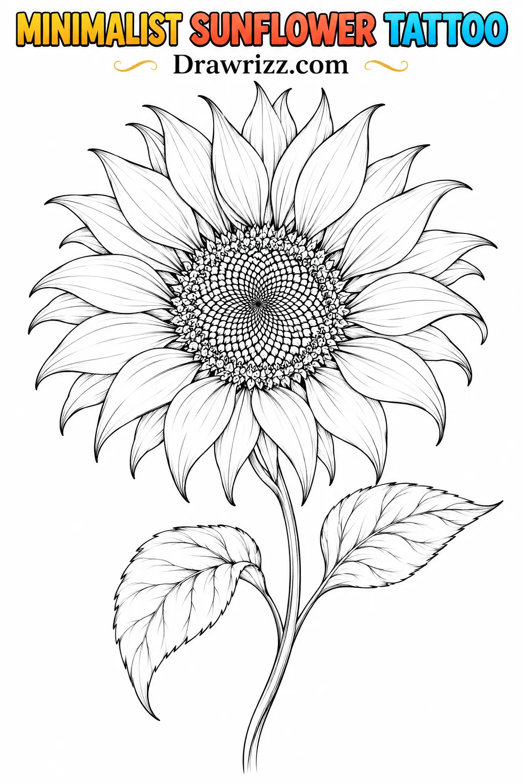 Sunflower drawing ideas featuring minimalist tattoo-style flower with fine petals, detailed seed, curved stem and 2 leaves