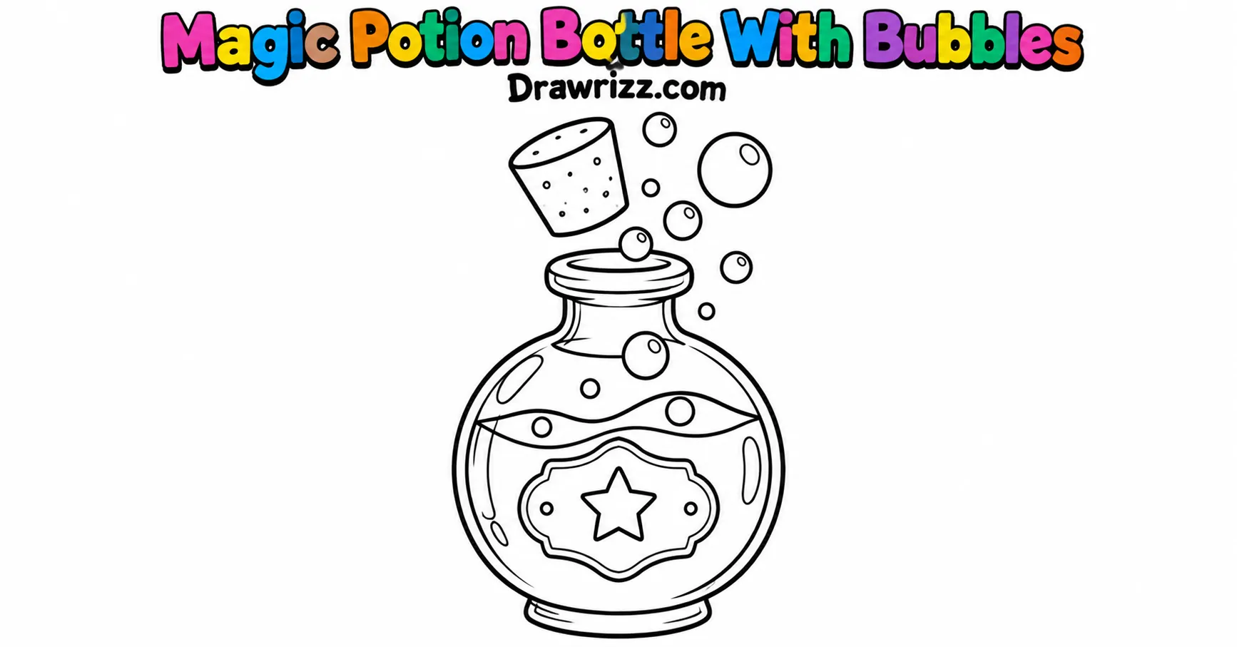 Halloween Doodle Ideas featuring a magic potion bottle with floating cork, rising bubbles, wavy liquid, and a star label to color.
