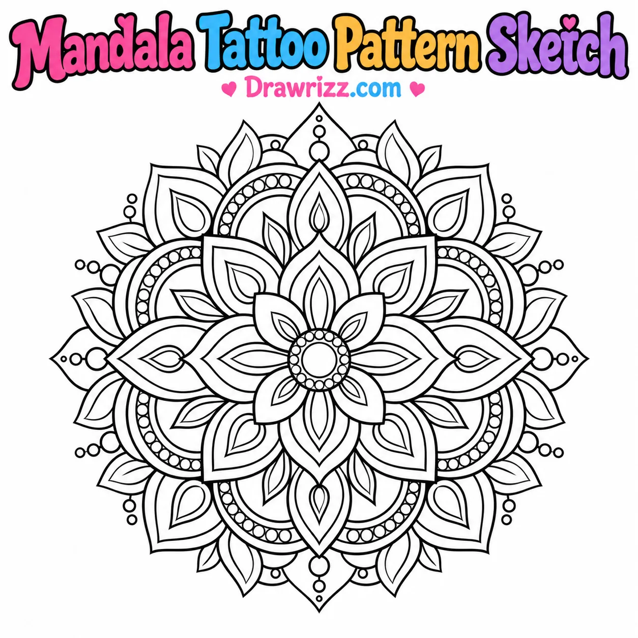 15 Tattoo Sketch Drawing Ideas for Creative Beginners Tattoo Sketch Drawing Ideas featuring a floral mandala tattoo with symmetrical petals, geometric patterns and detailed line art.