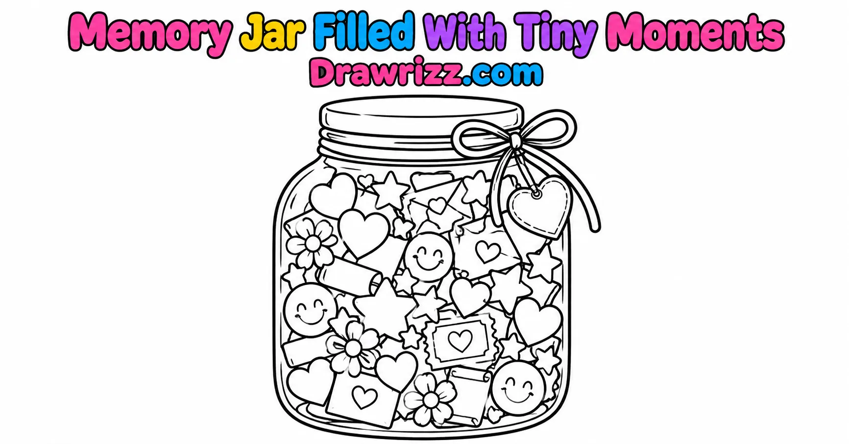 Gift drawing ideas featuring a memory jar filled with tiny hearts, stars, flowers, notes and happy moments in simple line art.