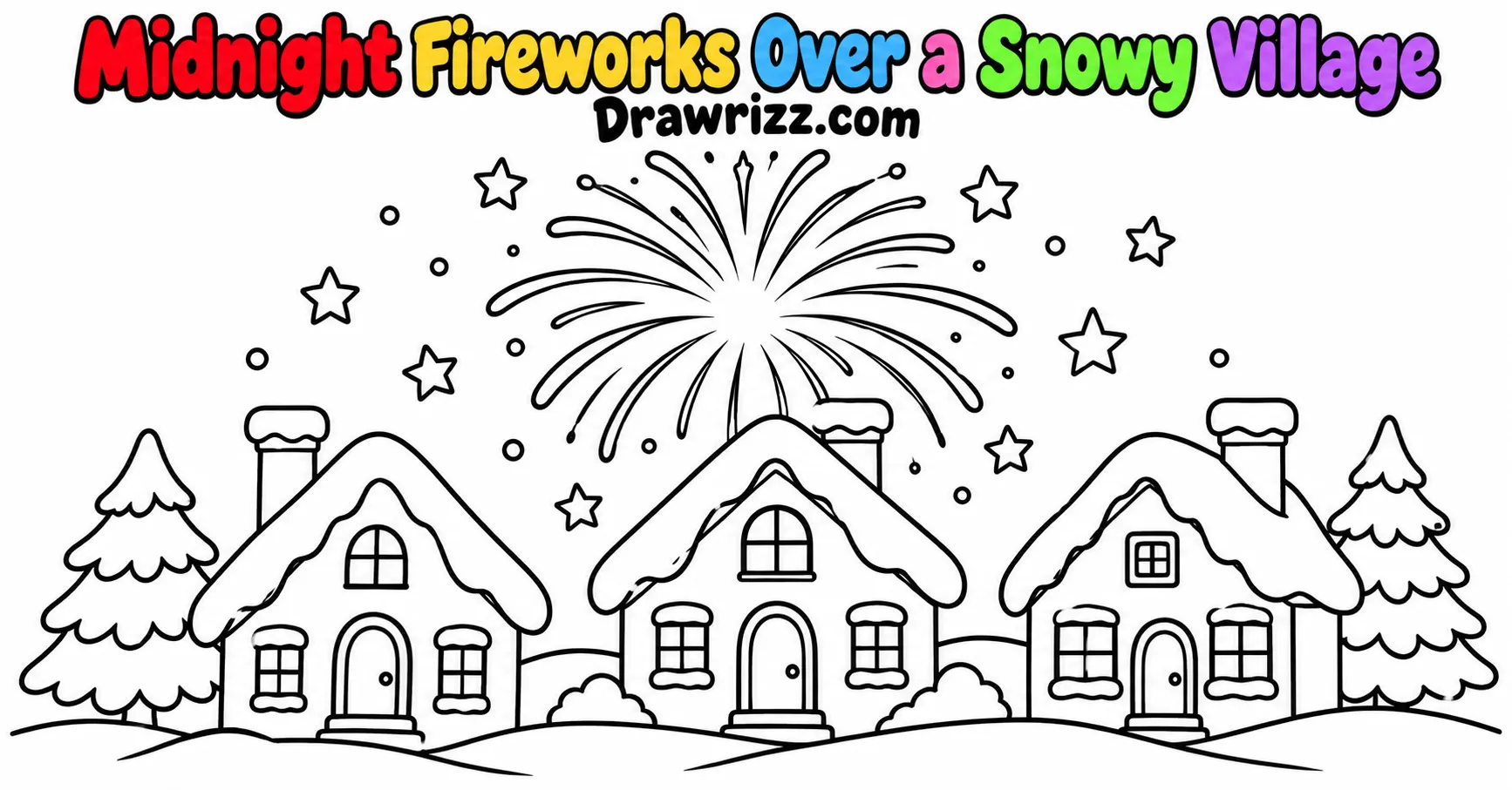 New Year Drawing Ideas featuring midnight fireworks above three cozy snow-covered village houses and pine trees in coloring-page art.