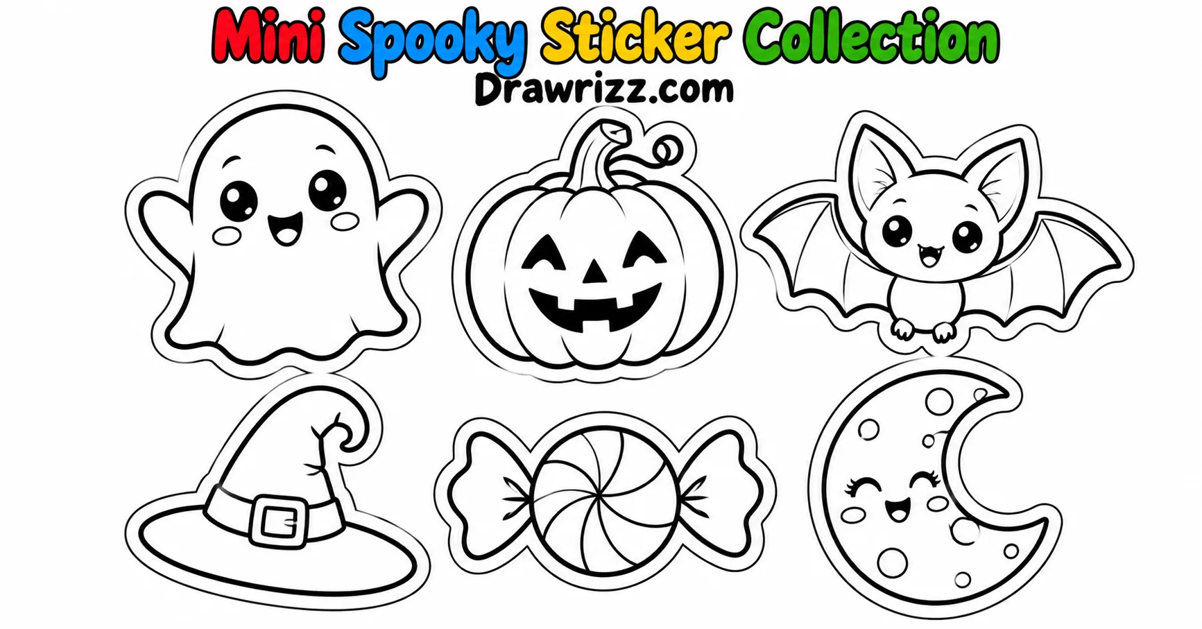 Halloween Doodle Ideas featuring six cute spooky stickers: ghost, pumpkin, bat, witch hat, candy, and moon in coloring-page art.