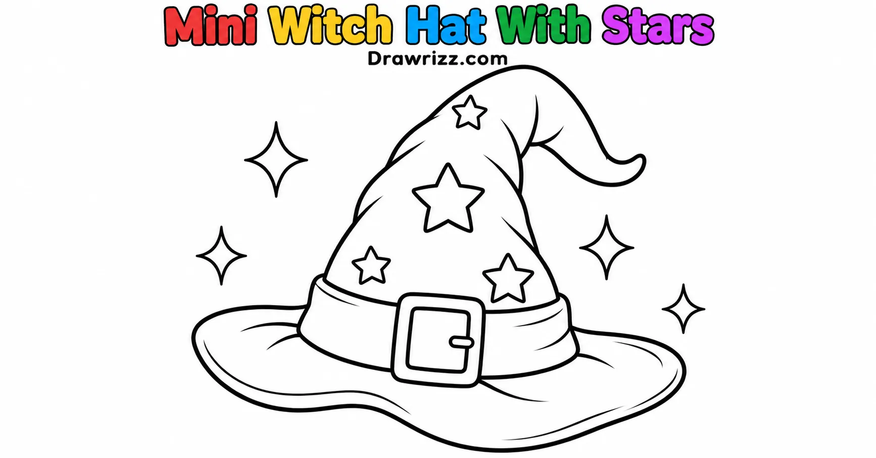 Halloween Doodle Ideas featuring a cute pointed witch hat with a curved brim, square buckle, and sparkling stars in black outlines.
