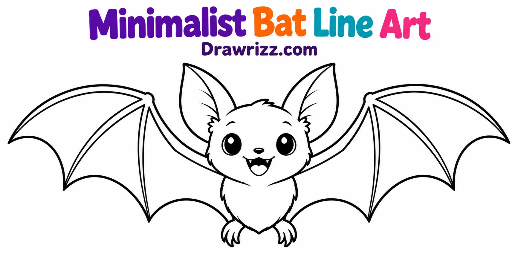 15 Bat Drawing Ideas for Cute and Easy Sketches Bat Drawing Ideas featuring minimalist black line art of a cute smiling bat with pointed ears, tiny feet, and wide scalloped wings for coloring