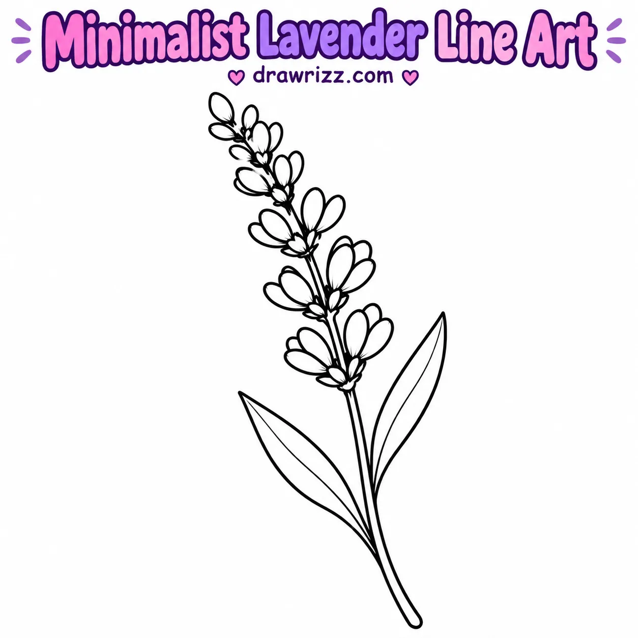 15 Lavender Drawing Ideas for Easy and Cute Flowers Lavender Drawing Ideas featuring minimal black line art of a curved lavender stem with delicate buds and two pointed leaves