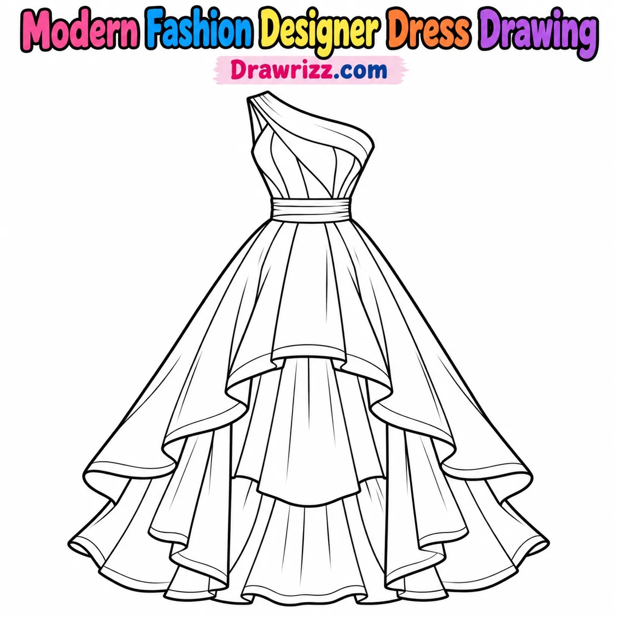 Dress Drawing Ideas featuring a modern designer gown with asymmetrical neckline, fitted waist and layered high-low skirt art.