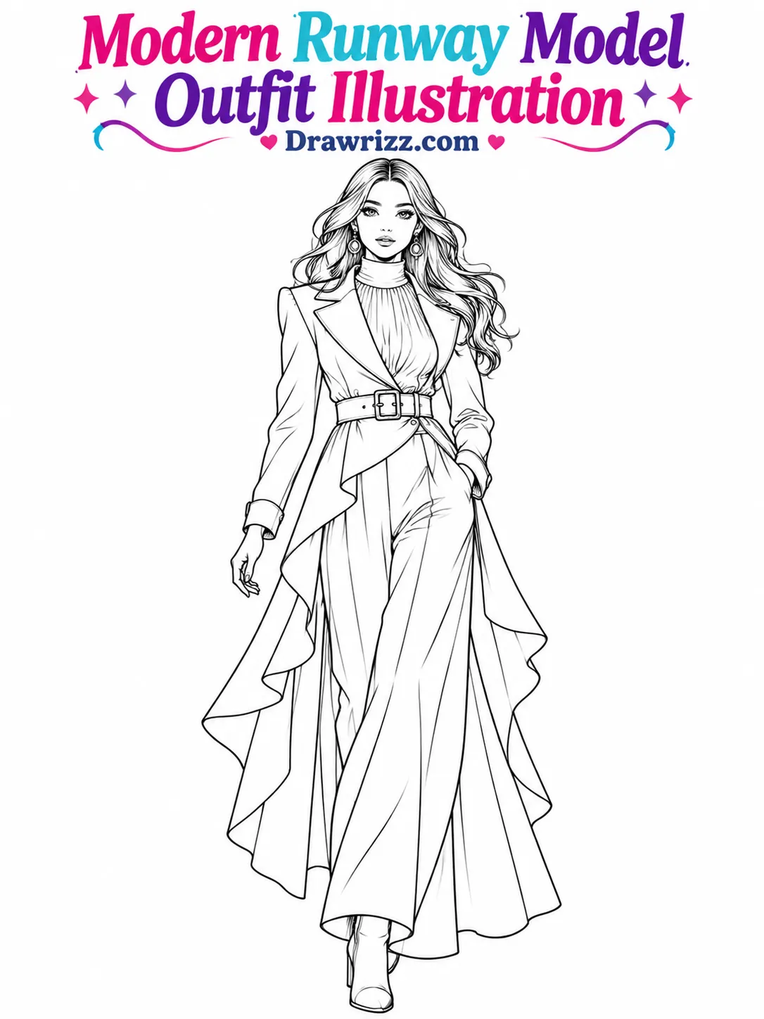 Fashion sketch drawing ideas featuring a runway model in an asymmetrical jacket, wide-leg trousers, belt and boots line art.