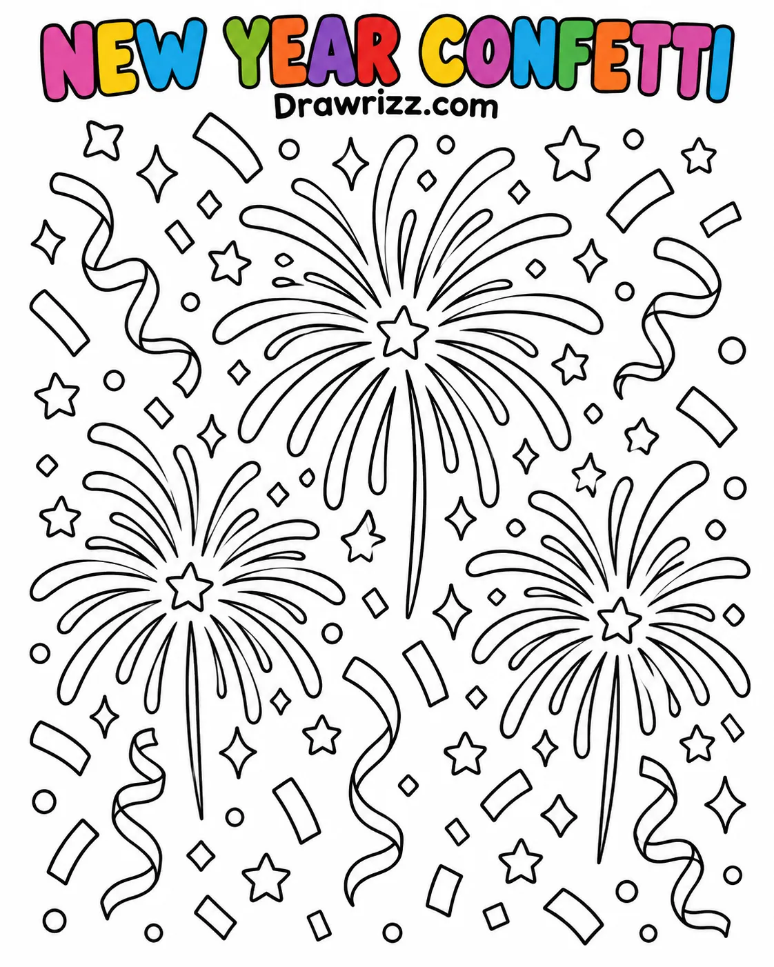 Confetti Drawing Ideas featuring three New Year fireworks with falling stars, diamonds, circles, and festive paper streamers.