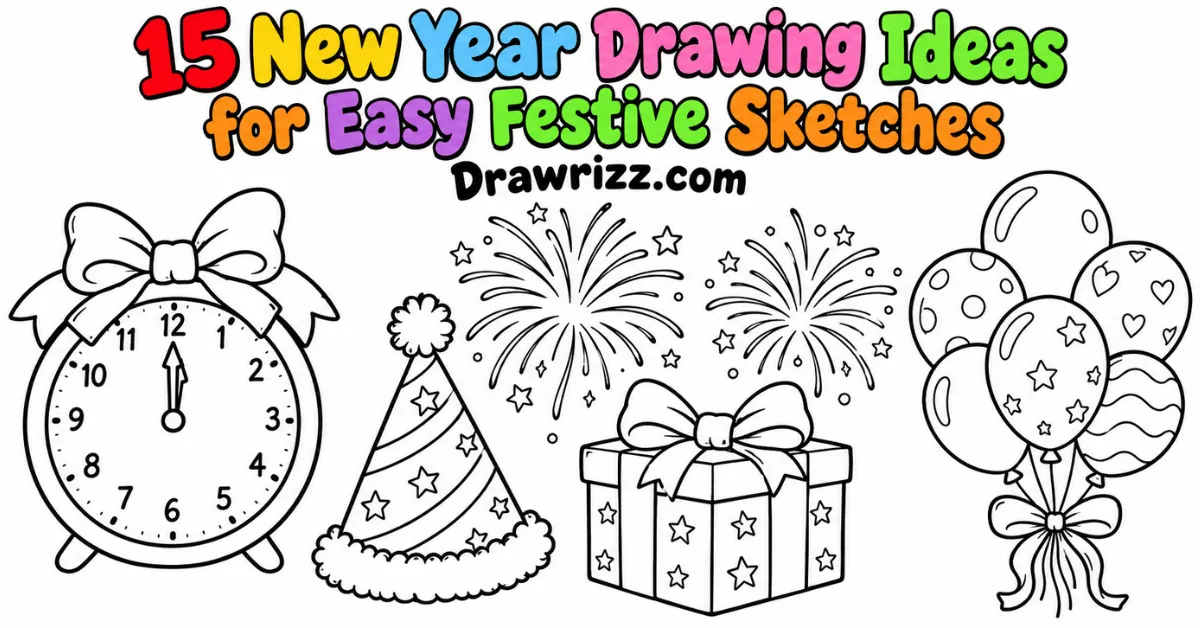 New Year Drawing Ideas featuring a midnight clock, party hat, fireworks, gift box, and balloons in black-and-white coloring art.