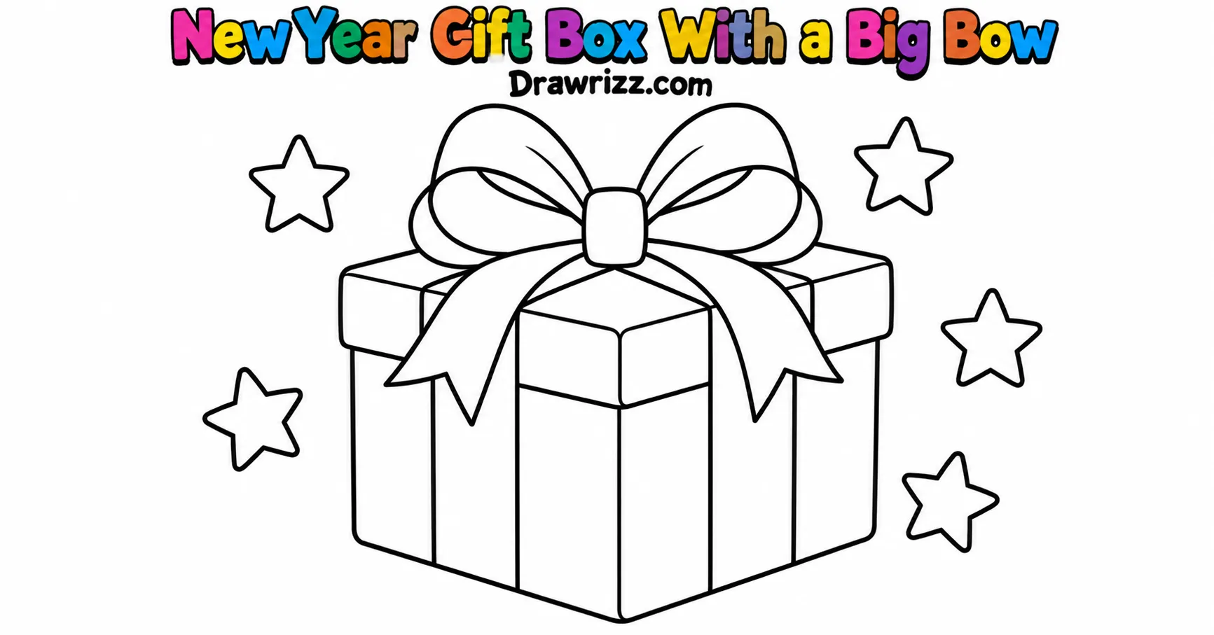 New Year Drawing Ideas featuring a festive gift box with a big ribbon bow, five outlined stars, and bold black-and-white coloring lines.