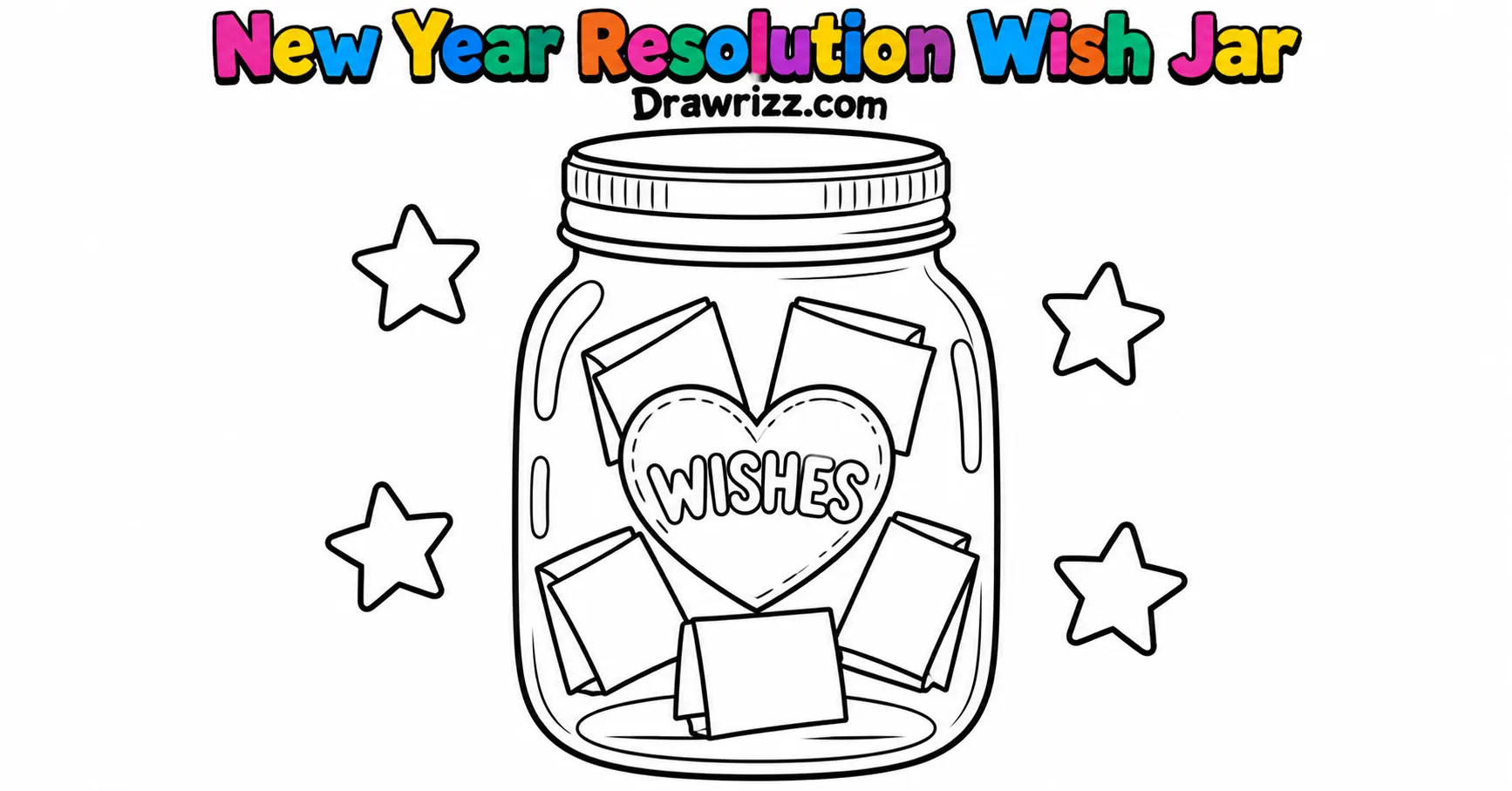 New Year Drawing Ideas featuring a resolution wish jar with five folded notes, a heart-shaped WISHES label, and four stars to color