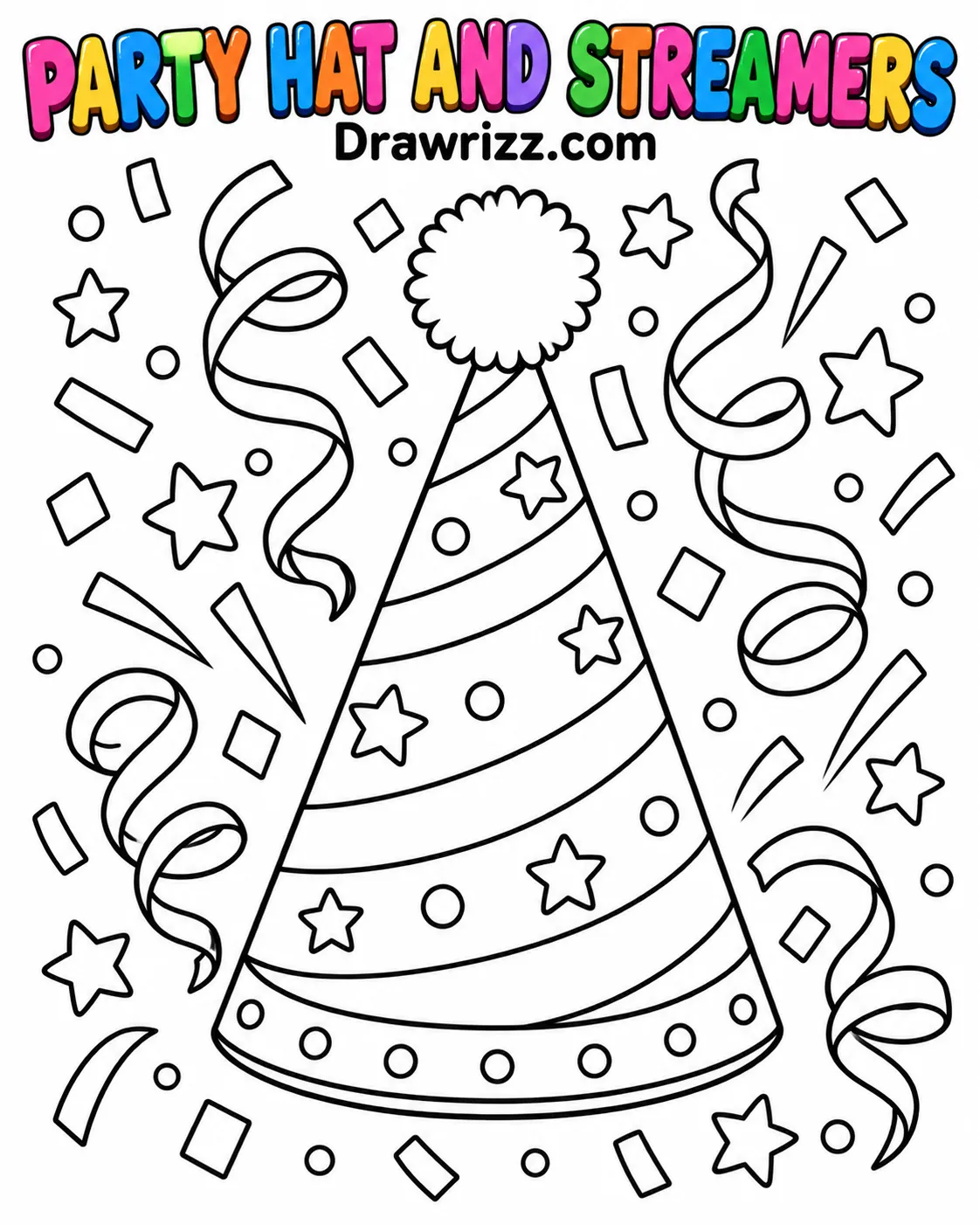 Confetti Drawing Ideas featuring a striped birthday party hat with pom-pom, curly streamers, stars, circles, and festive shapes