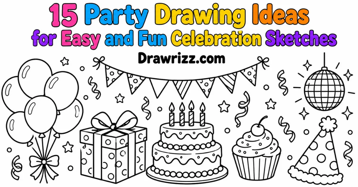 Party Drawing Ideas featuring balloons, birthday cake, gift, cupcake, party hat, bunting, confetti and disco ball sketches.