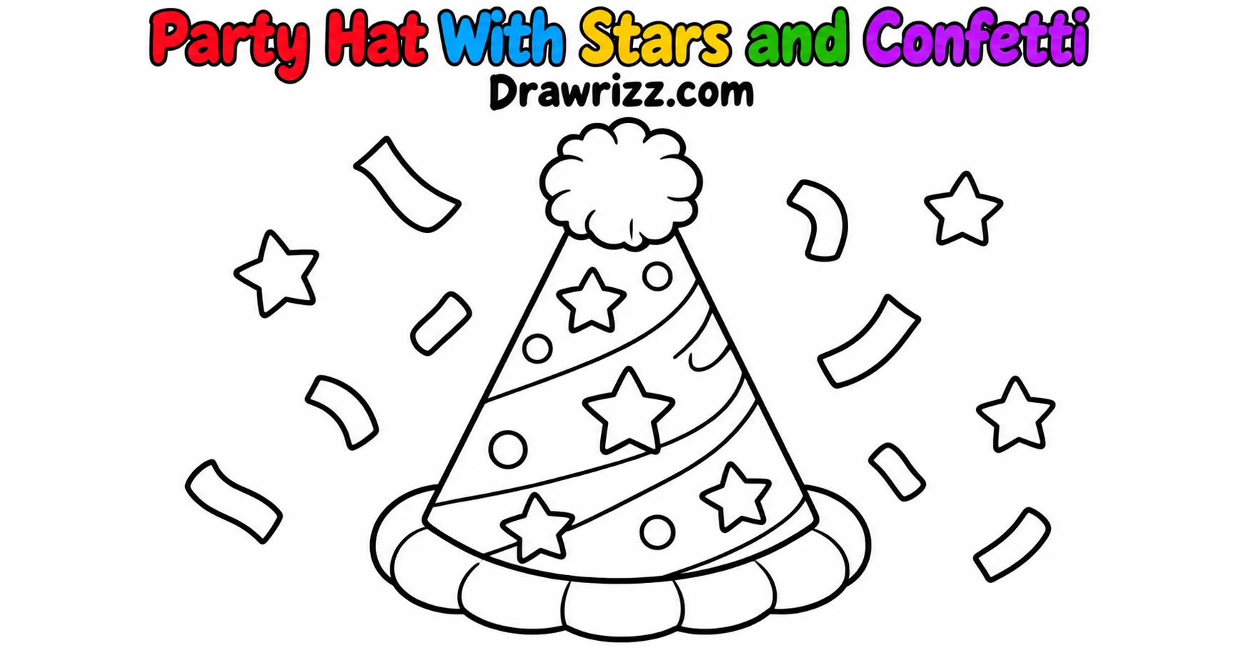 New Year Drawing Ideas featuring a festive party hat decorated with stars, polka dots, stripes, and confetti in coloring-page art.