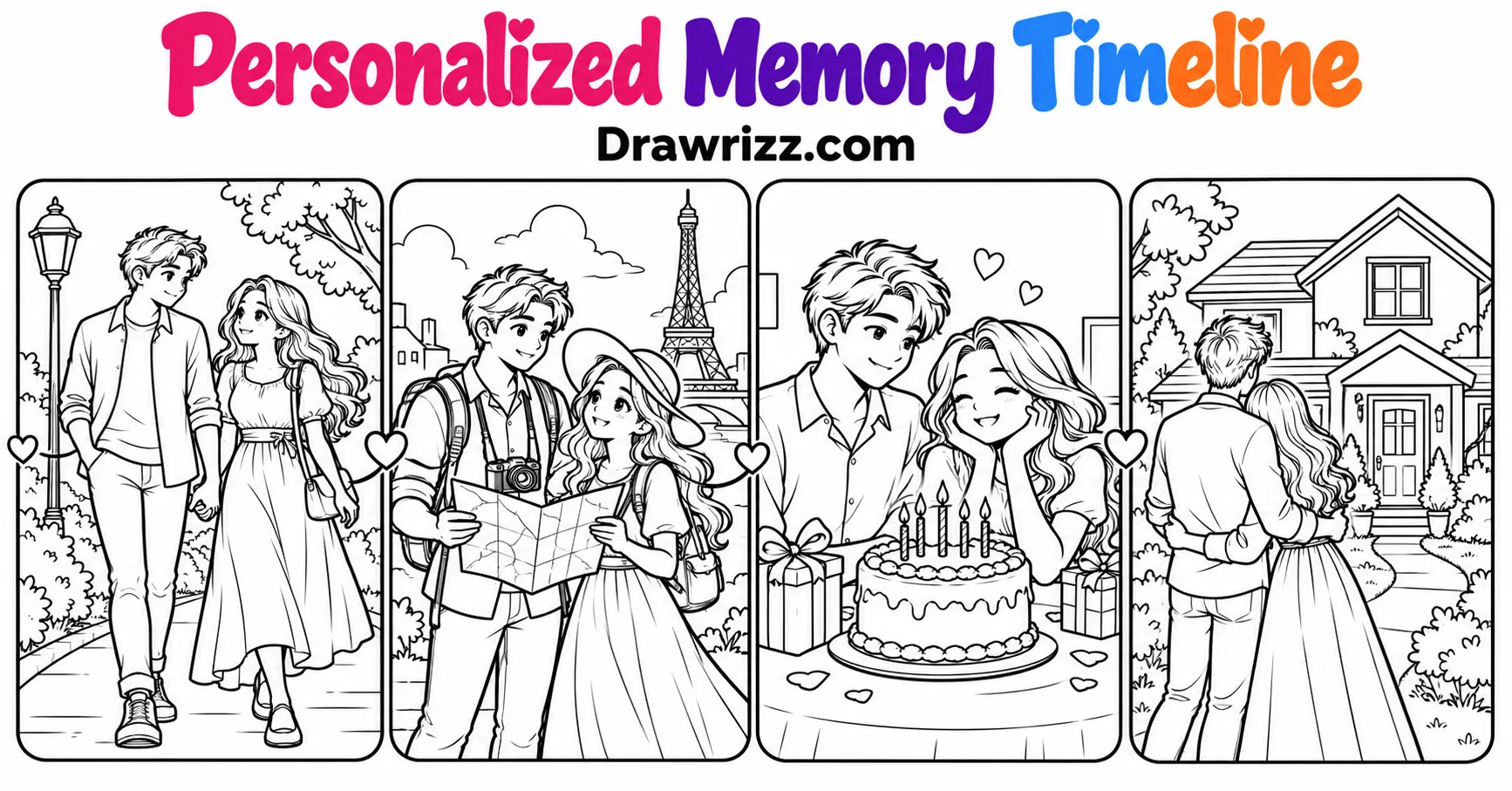 Personalized Memory Timeline drawing showing a couple meeting, traveling, celebrating with cake and standing by their cozy home