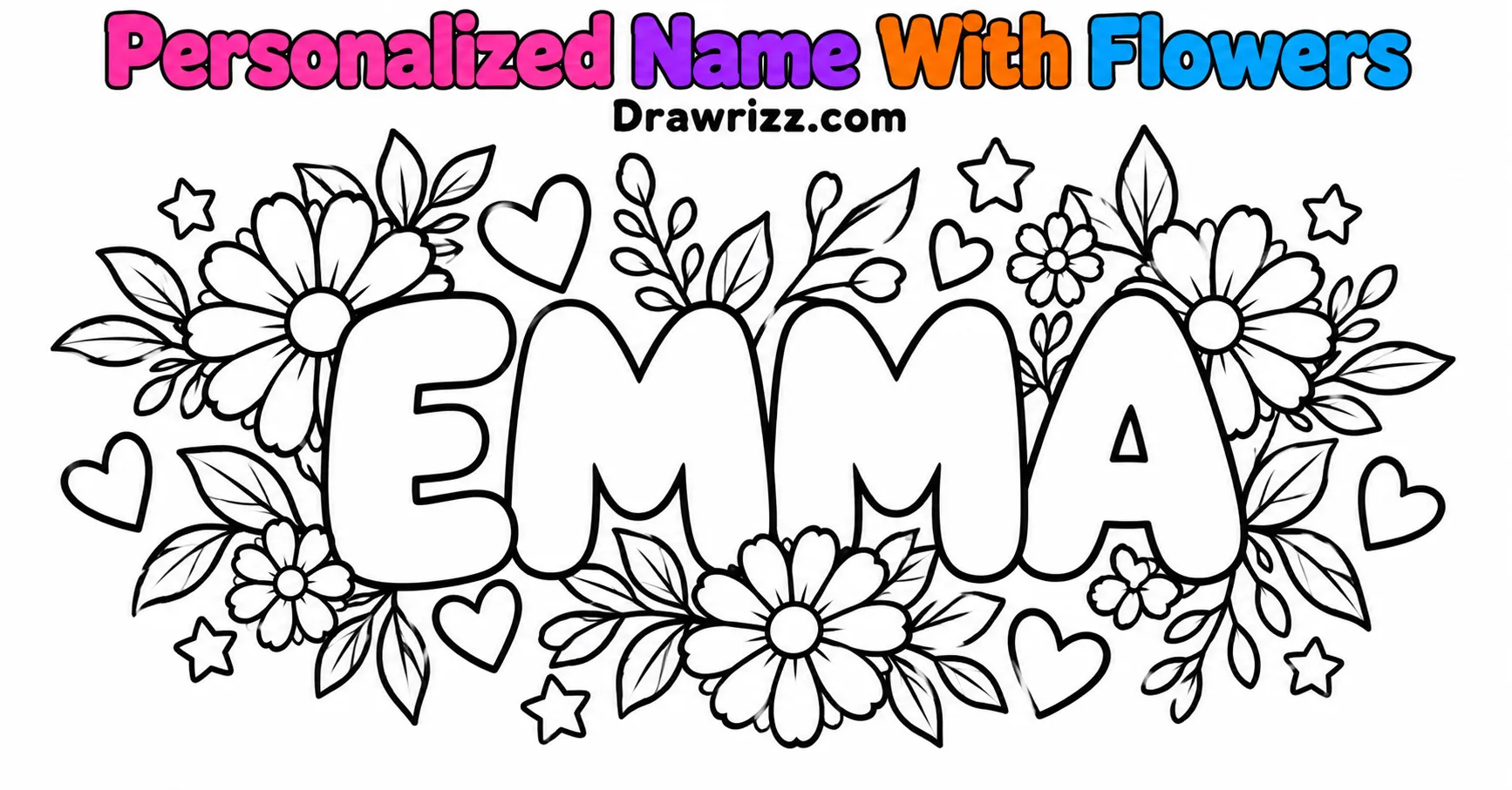 Gift Drawing Ideas featuring the personalized name Emma with flowers, leaves, hearts and stars in cute black-and-white coloring page line art.