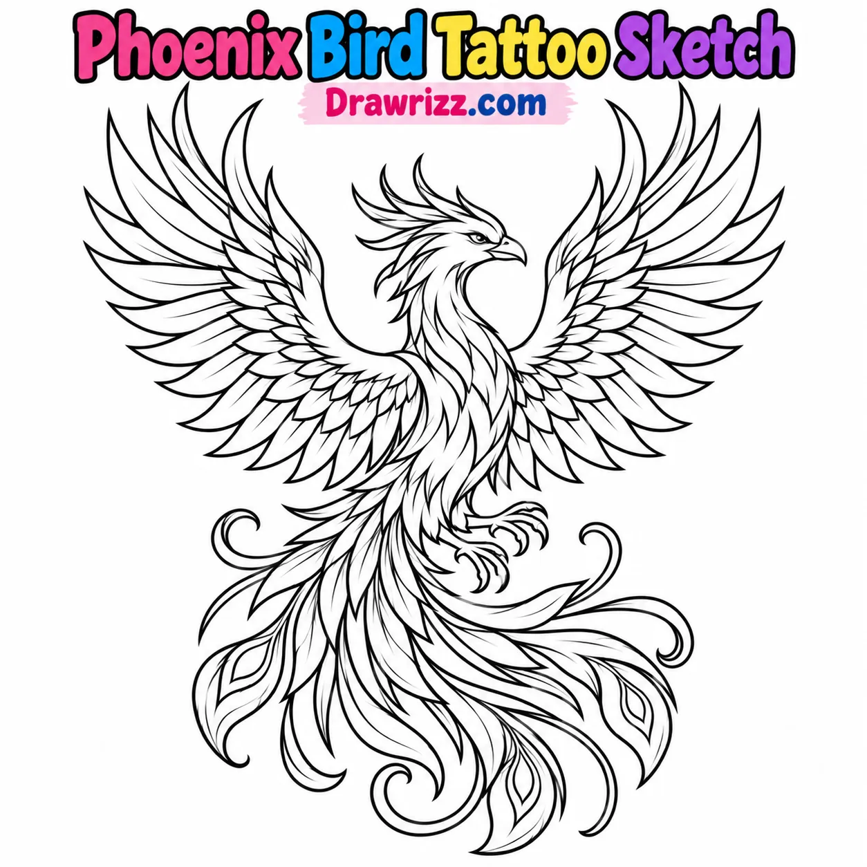15 Tattoo Sketch Drawing Ideas for Creative Beginners Tattoo Sketch Drawing Ideas featuring a phoenix bird with spread wings, layered feathers and flowing tail for coloring art.