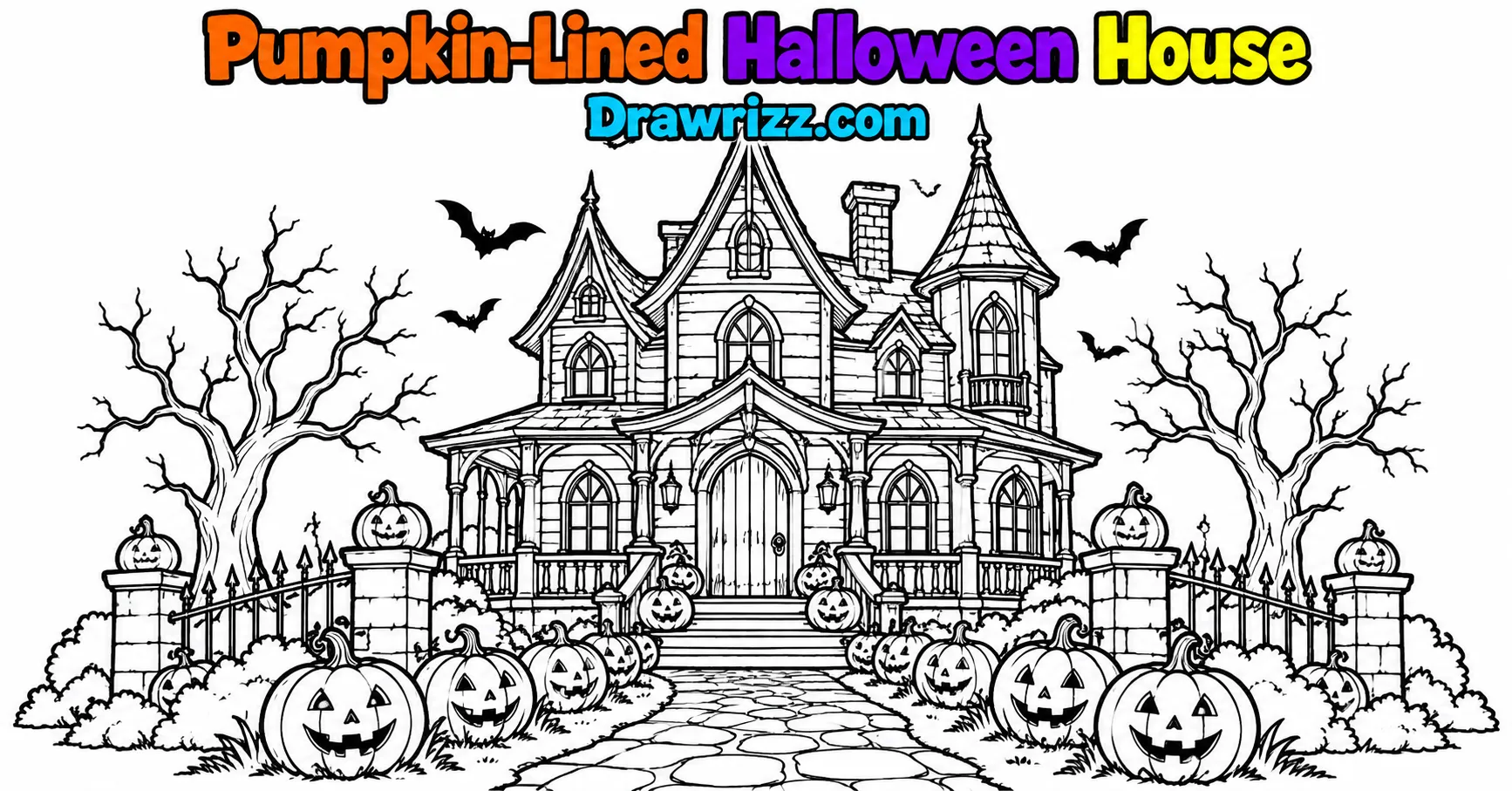 Haunted House Drawing Ideas with a spooky Halloween home, pumpkin-lined path, crooked fences, leafless trees and flying bats