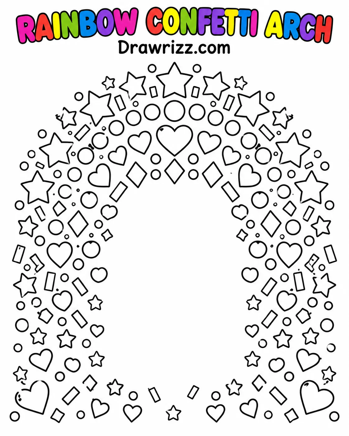 Confetti Drawing Ideas featuring a rainbow arch of outlined stars, hearts, circles, diamonds, and rectangles for coloring fun.