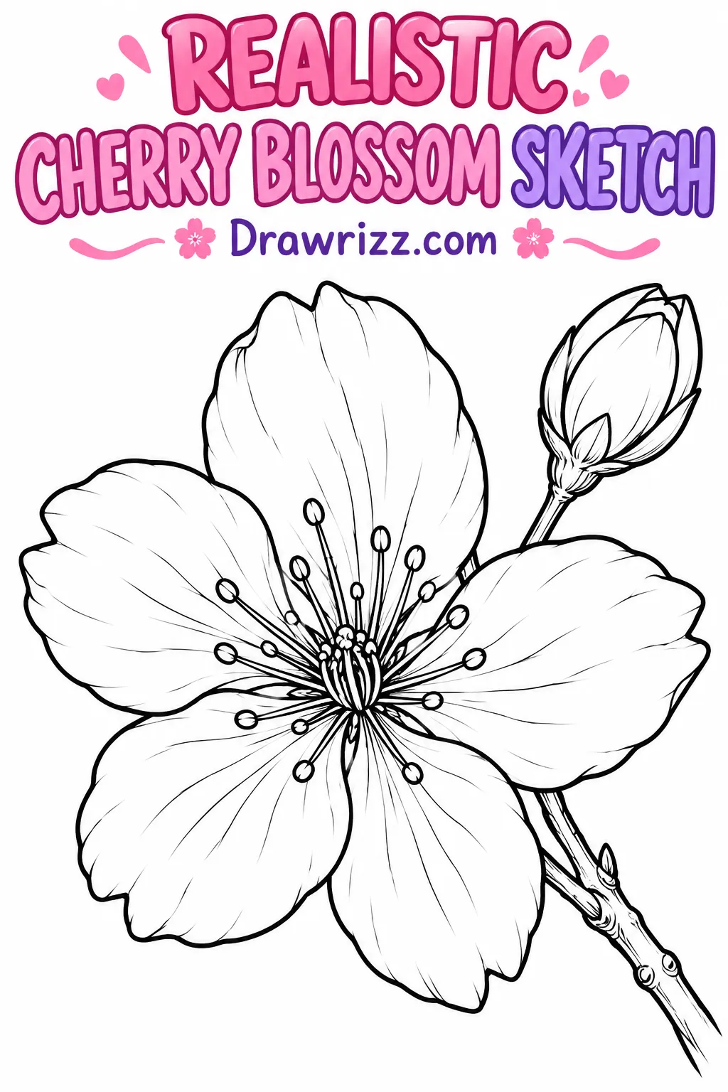 Cherry Blossom Drawing Ideas featuring a realistic sakura flower sketch with detailed petals, stamens and bud for coloring.