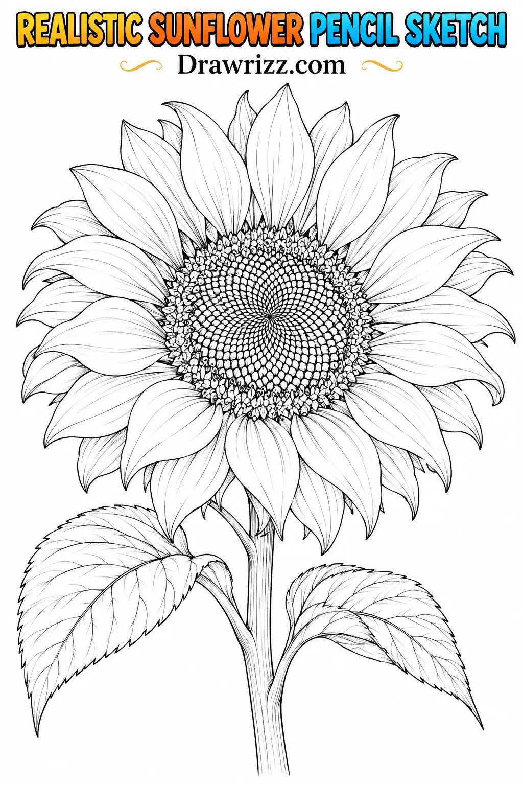 Realistic sunflower drawing ideas featuring detailed seed patterns, layered petals, sturdy stem and textured leaves to color