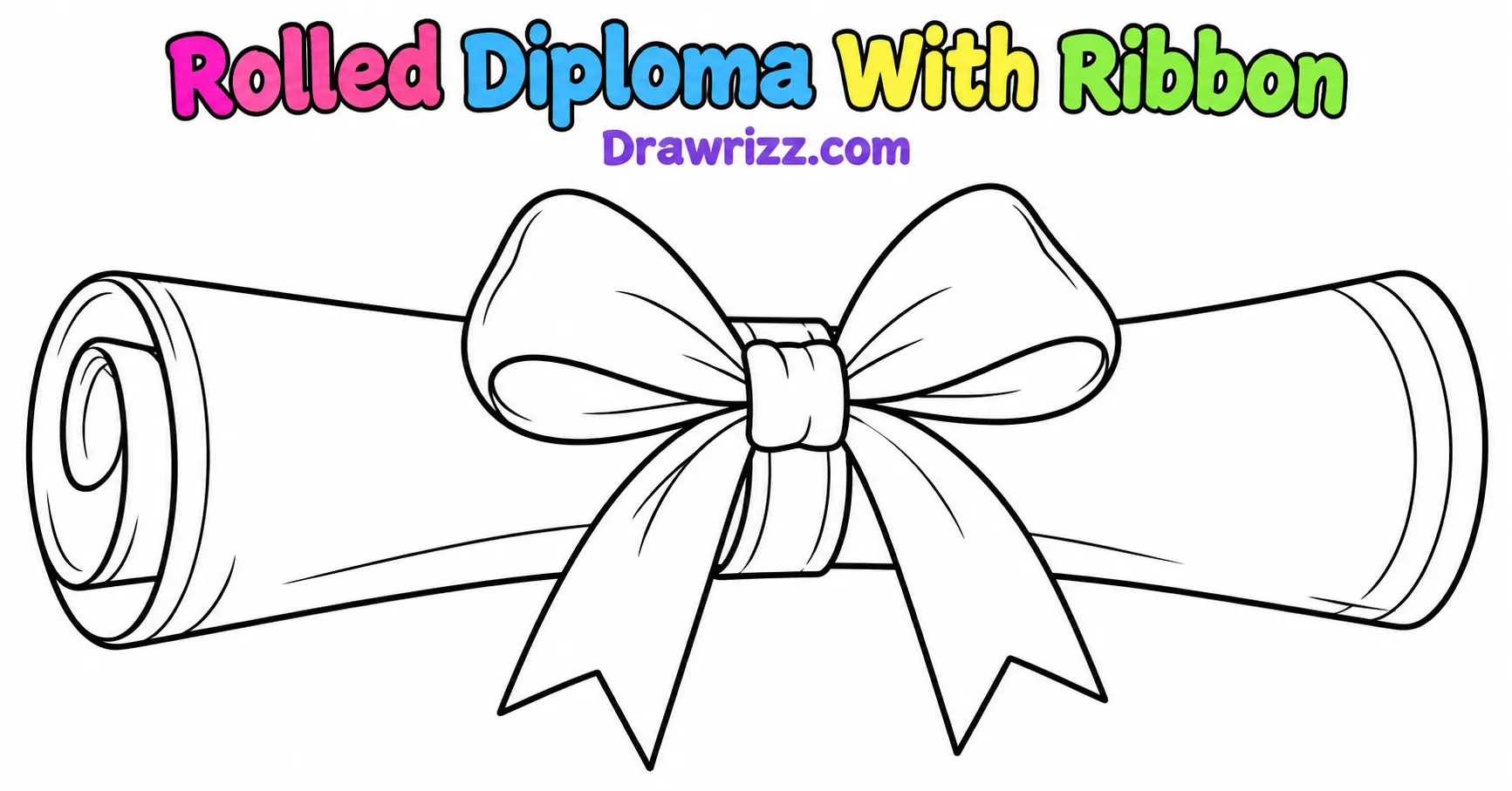 Graduation Drawing Ideas featuring a rolled diploma tied with a ribbon bow, in simple black-and-white coloring page line art.