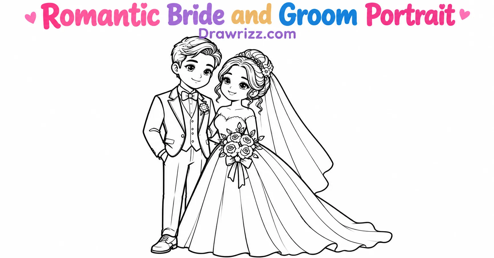 15 Wedding Drawing Ideas for Easy and Romantic Sketches Romantic bride and groom portrait wedding drawing ideas with an elegant couple, bridal bouquet and easy black-and-white line art