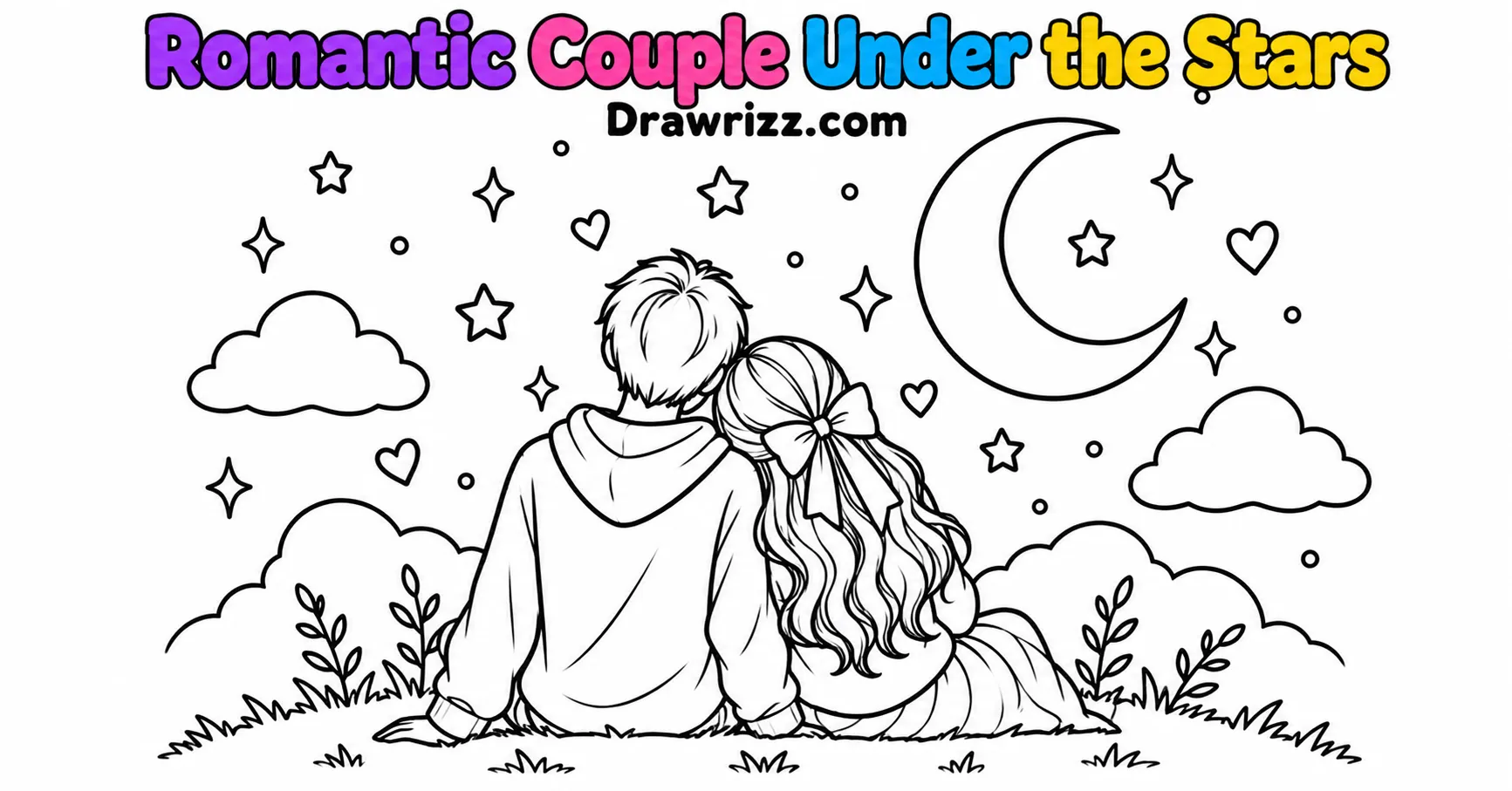 Gift Drawing Ideas featuring a romantic couple under the stars with a crescent moon, hearts and clouds in black-and-white line art