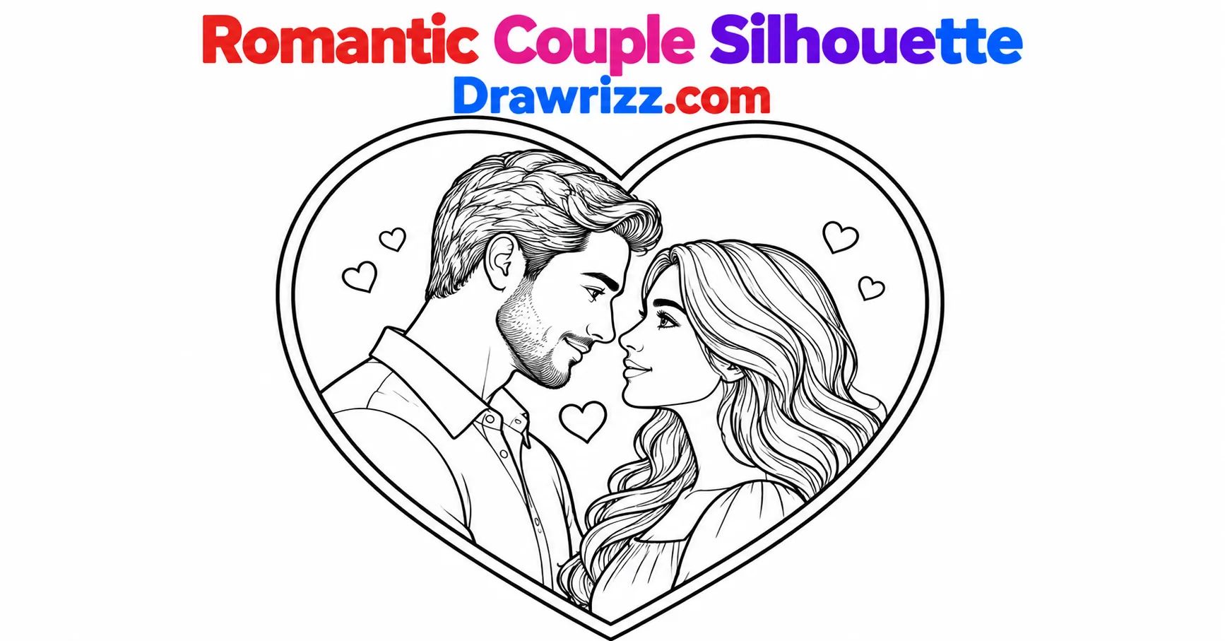 Anniversary drawing ideas featuring a romantic couple facing each other inside a heart, with clean black-and-white line arts.