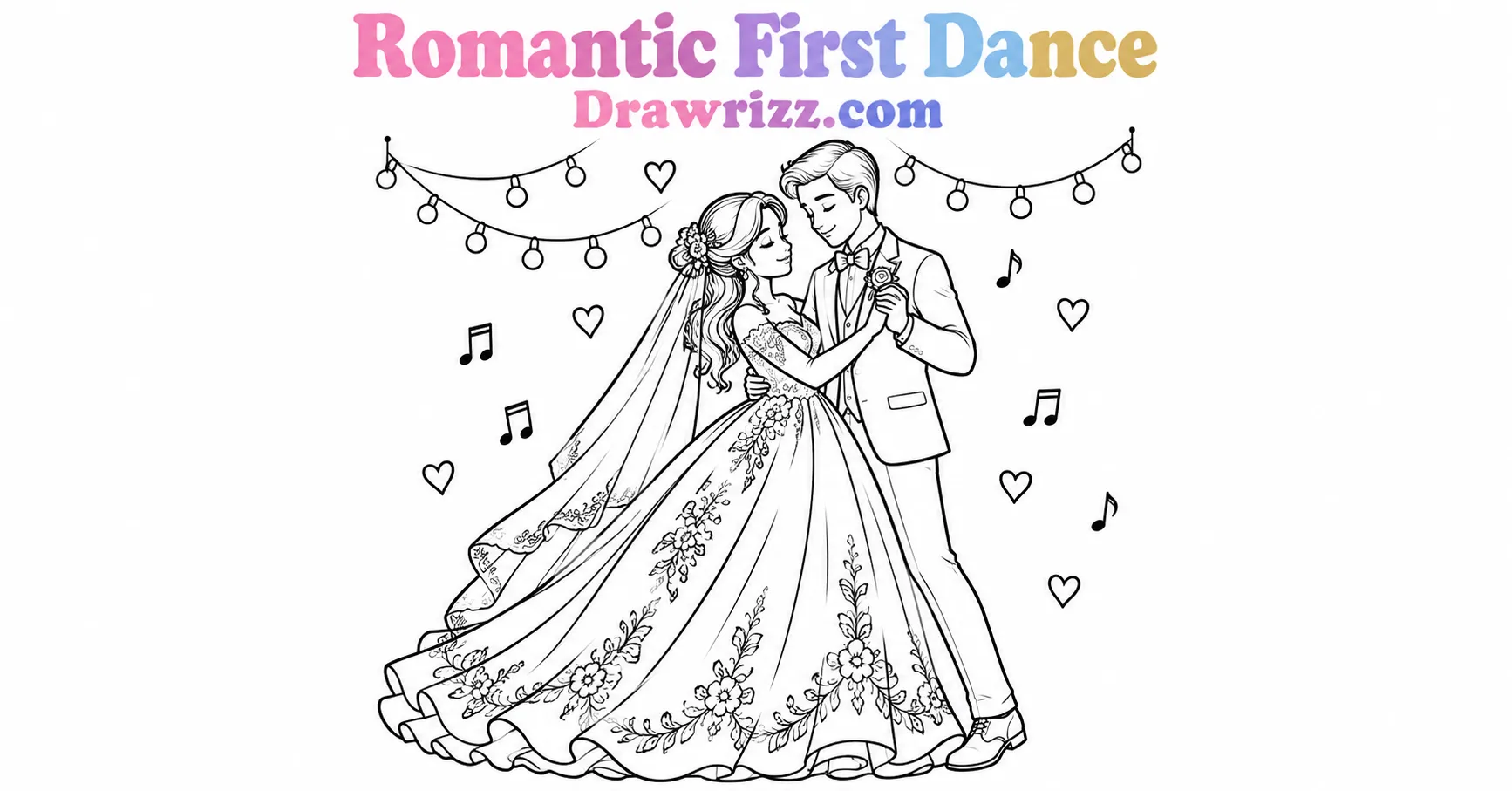 15 Wedding Drawing Ideas for Easy and Romantic Sketches Wedding drawing ideas featuring a romantic bride and groom first dance with string lights, music notes, hearts and elegant line art.