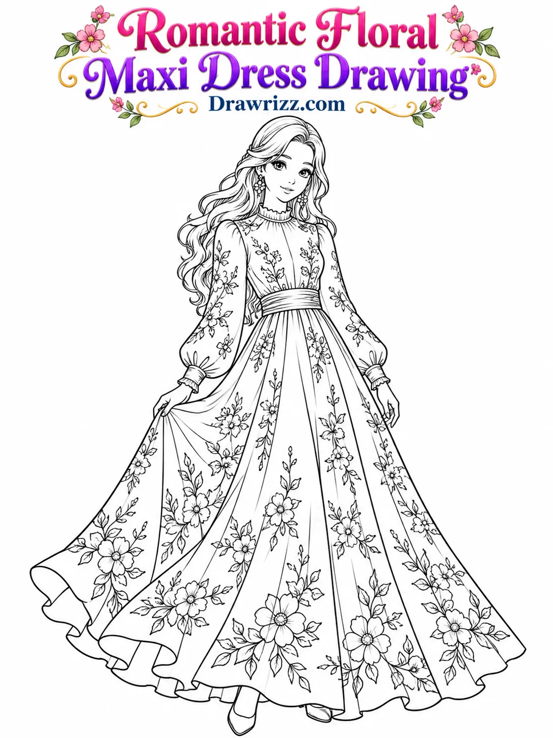 Fashion sketch drawing ideas featuring a romantic floral maxi dress with long sleeves, flowing skirt, and lovely flower motifs.