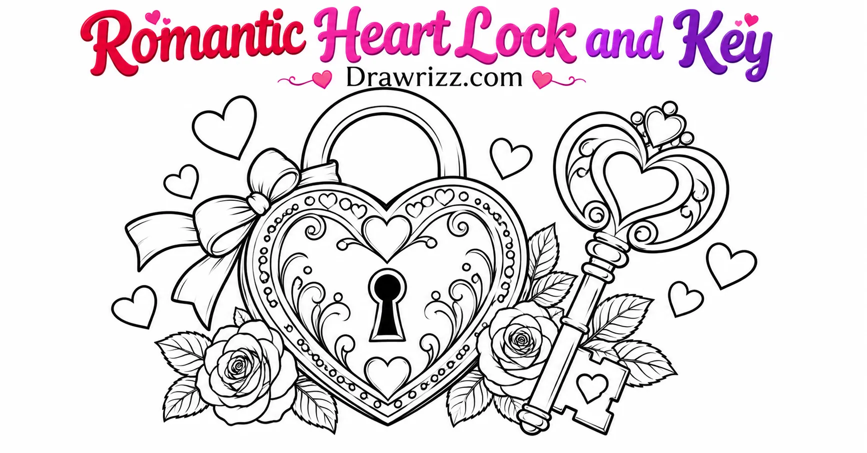 Valentine’s Day Drawing Ideas featuring a romantic heart-shaped lock, matching key, roses, ribbon bows, and outlined hearts.