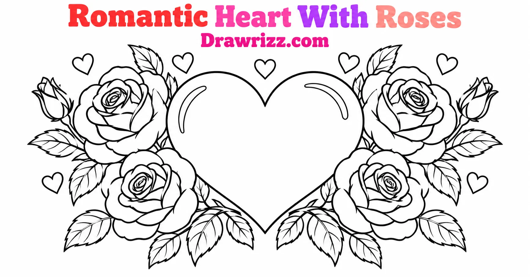 Anniversary drawing ideas with romantic heart, roses, leaves and tiny hearts in bold black and white coloring page linework