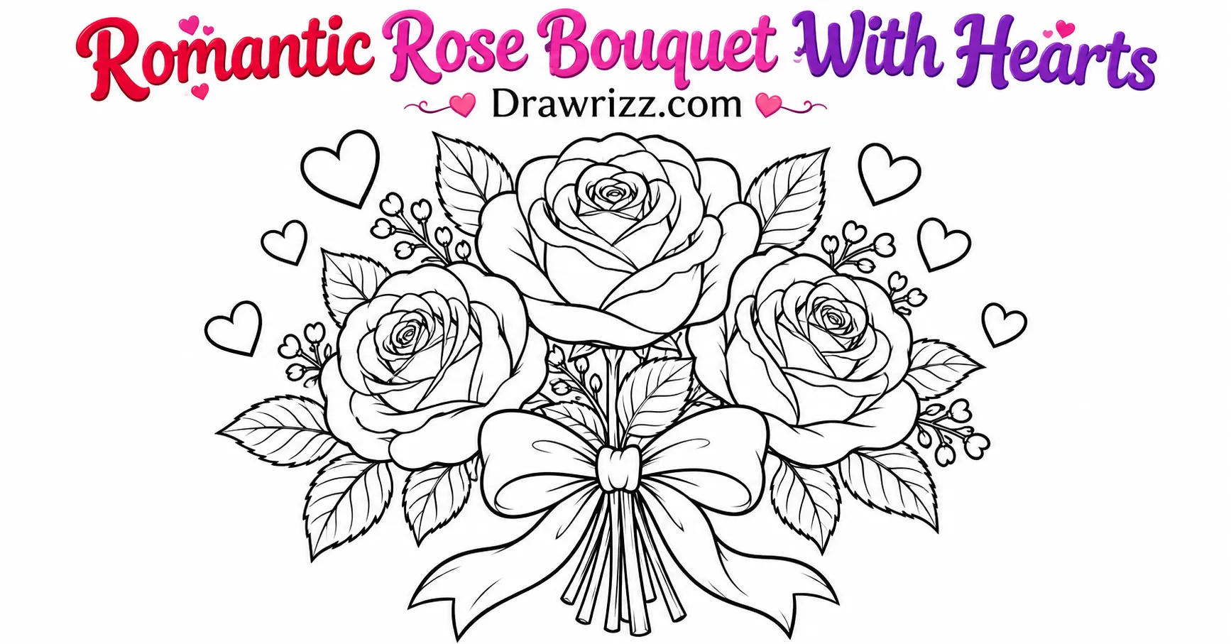 Valentine’s Day Drawing Ideas with three blooming roses, floating hearts, ribbon bow, and beautiful black-and-white line art.